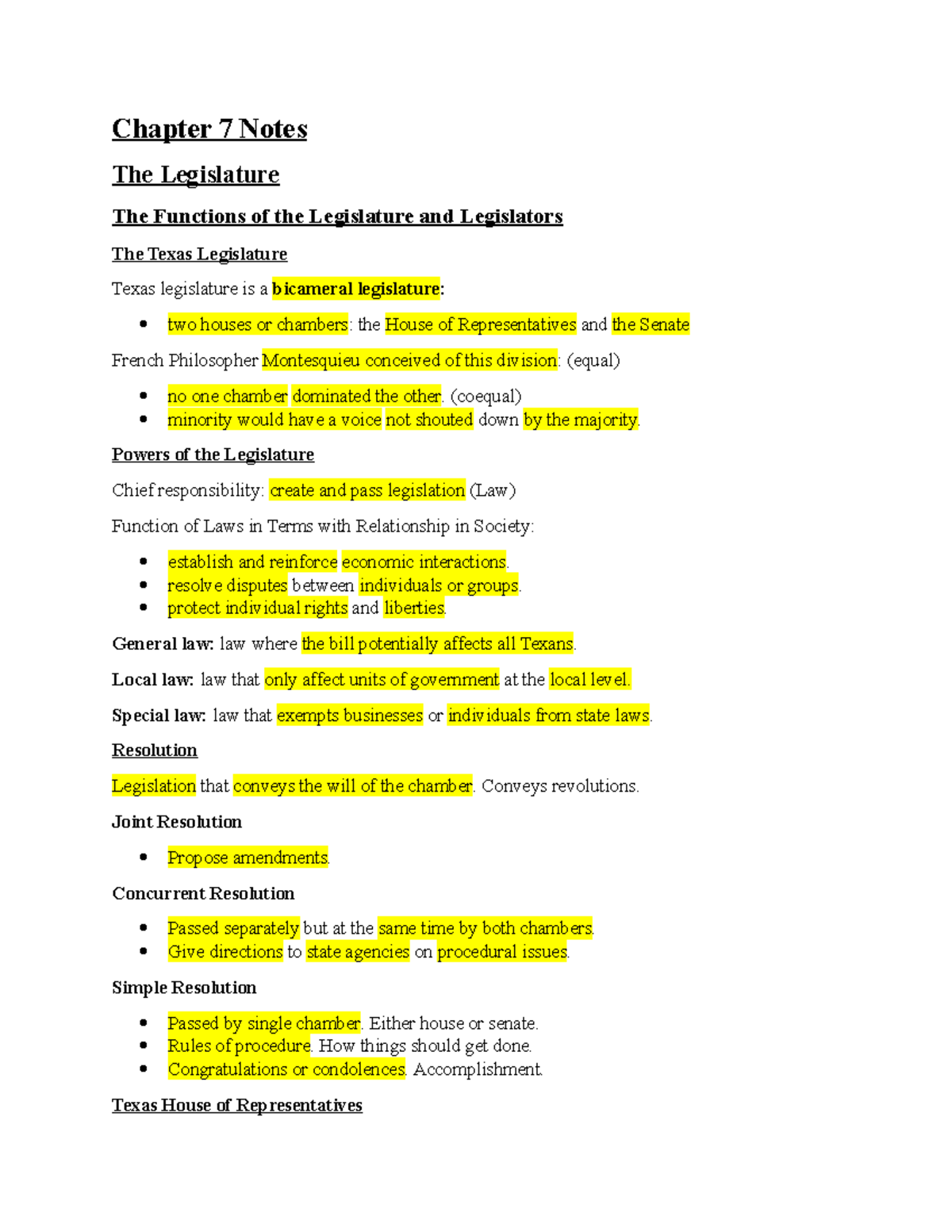 Chapter 7 - Chapter 7 Notes The Legislature The Functions of the  Legislature and Legislators The - Studocu