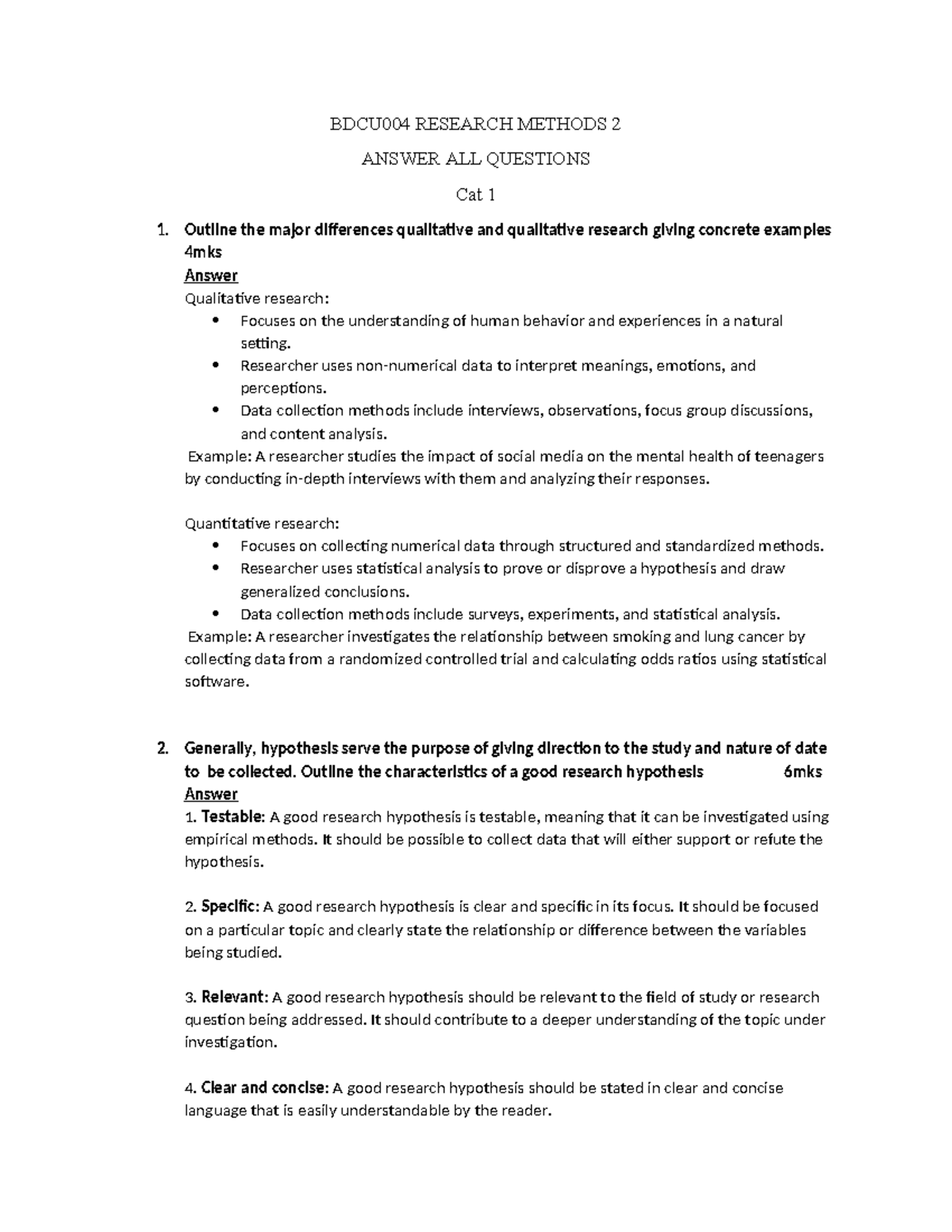 Ismail S Research Methods 2 CAT - BDCU004 RESEARCH METHODS 2 ANSWER ALL ...