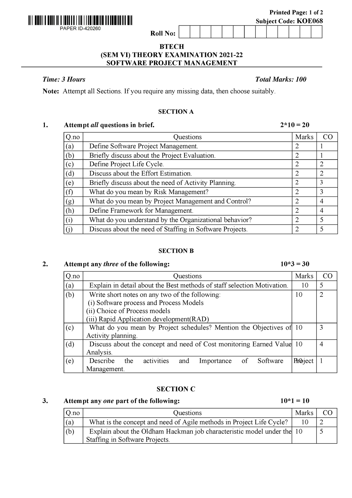 Btech oe 6 sem software project management koe068 2022 - Printed Page ...