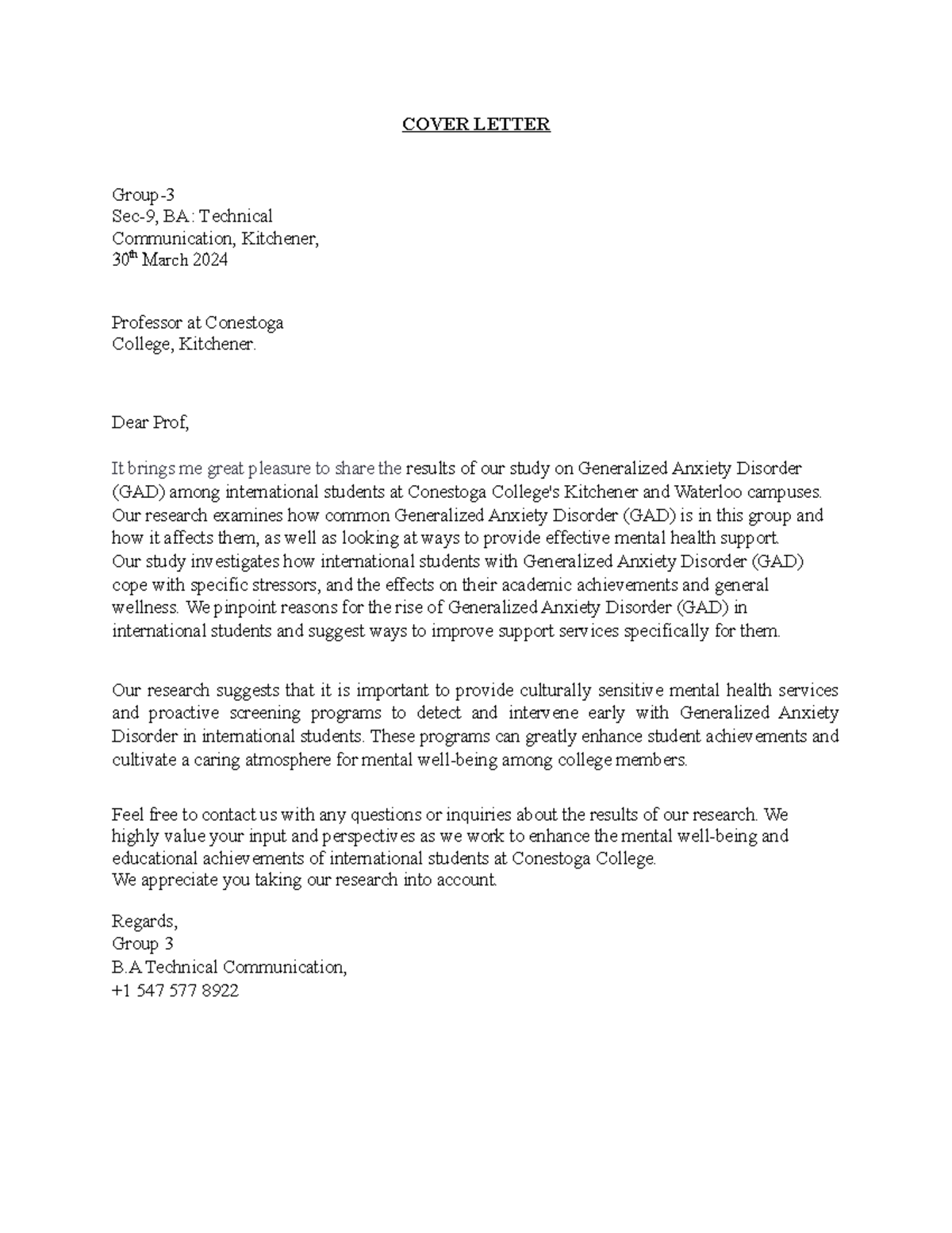 Cover Letter -TC - Research Assignment - COVER LETTER Group- Sec-9, BA ...