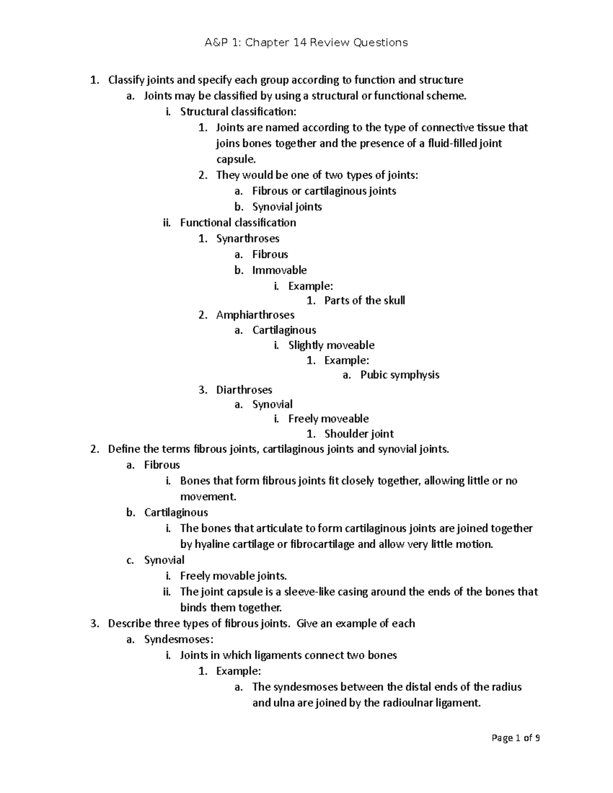 A&P 1- Chapter 14 Review Questions - Classify joints and specify each ...