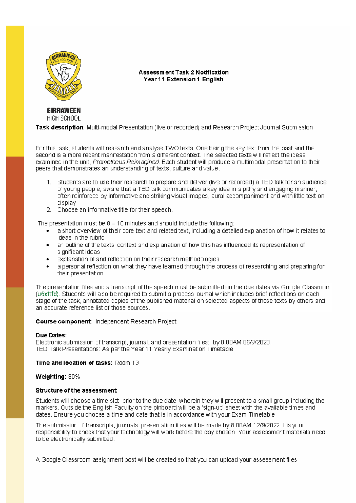 Assessment Task 2 Notification Year 11 Extension 1 English Girraween