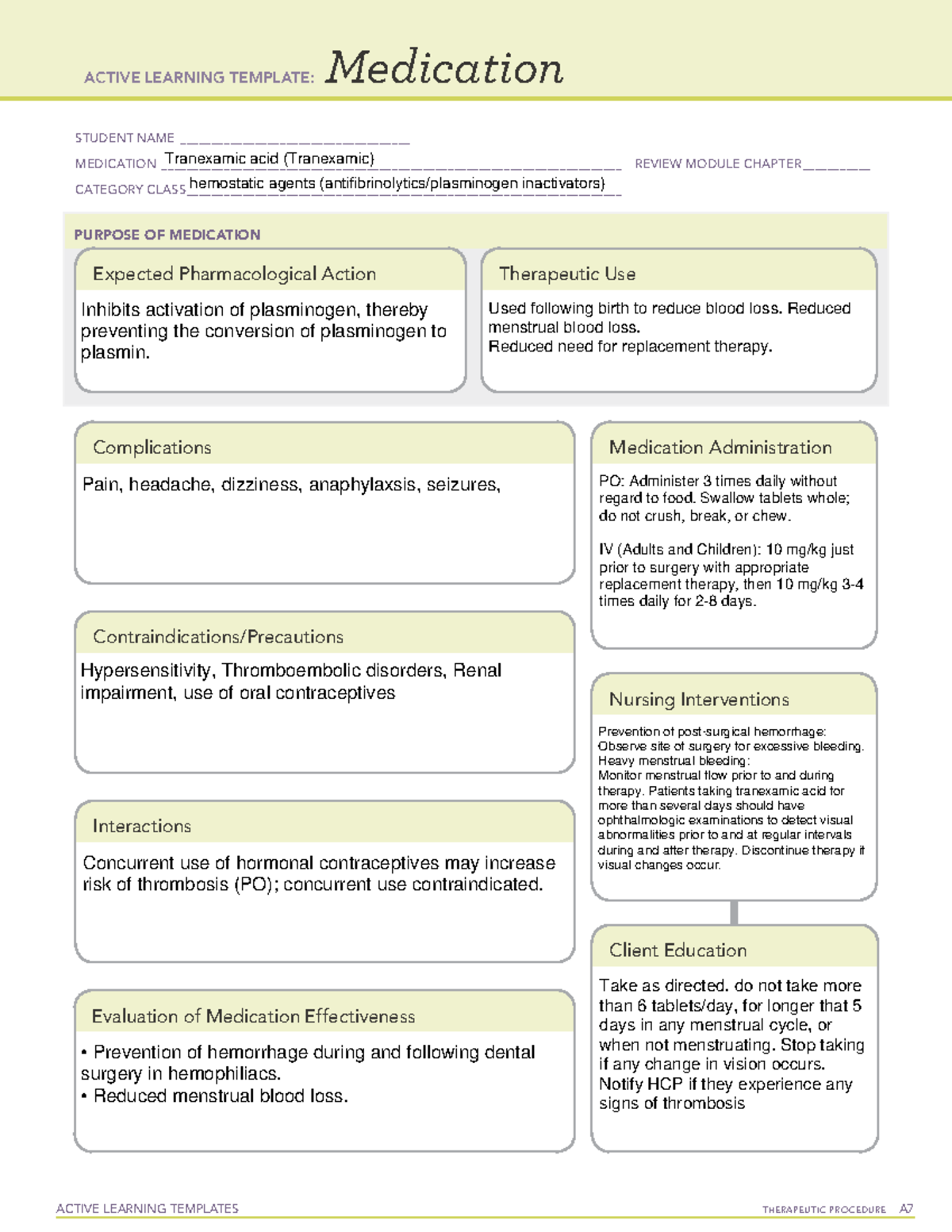 Active Learning Template medication Tranexamic acid - ACTIVE LEARNING ...