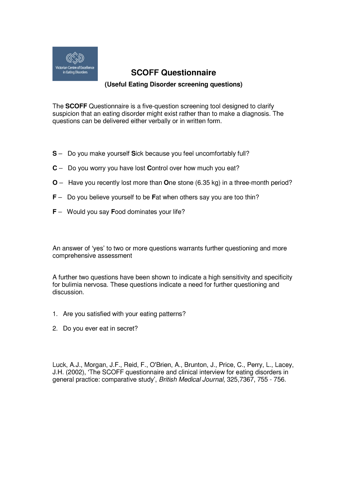 Scoff-questionnaire - SCOFF QUESTIONNAIRE FOR EATING DISORDER - PYC4813 ...