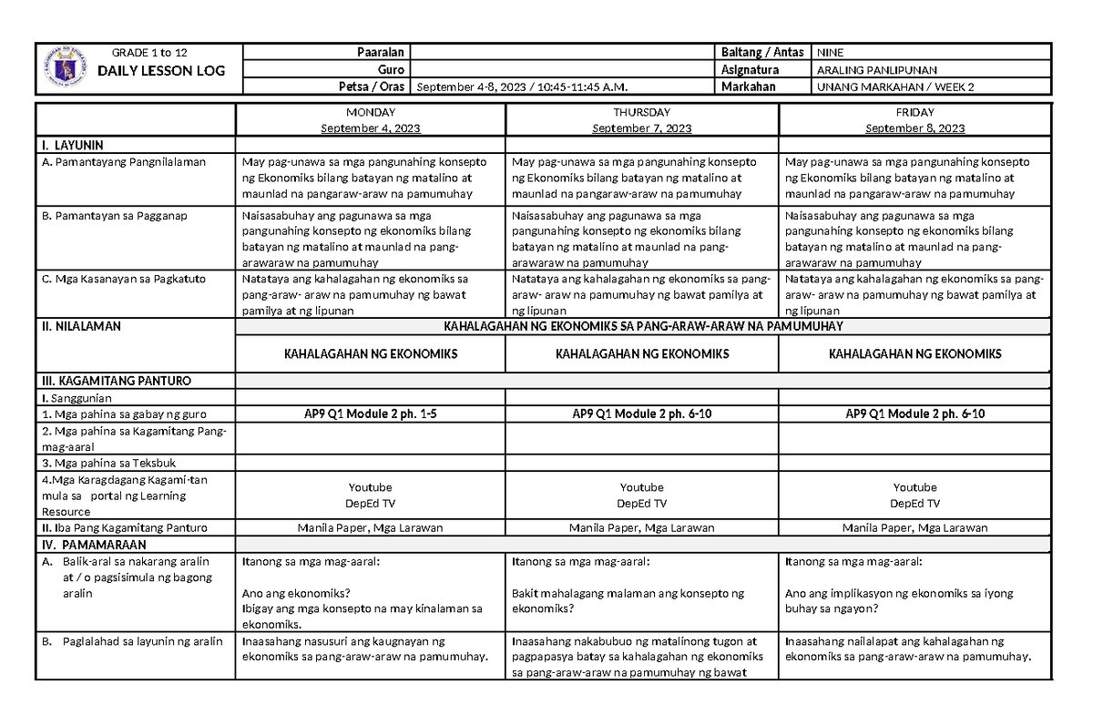 DLL AP9 Q1 W2 - Daily Lesson Log - GRADE 1 to 12 DAILY LESSON LOG ...