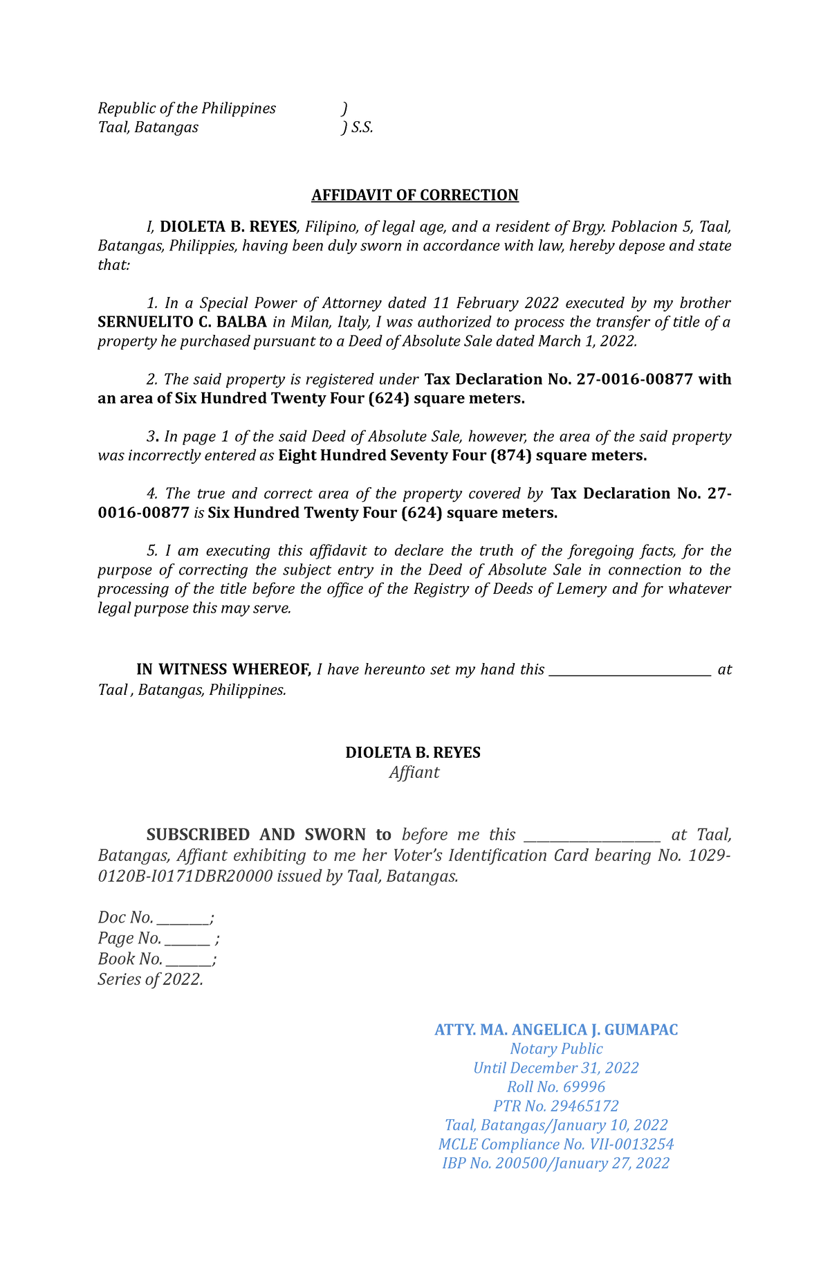 Affidavit Of Correction Republic Of The Philippines Taal Batangas