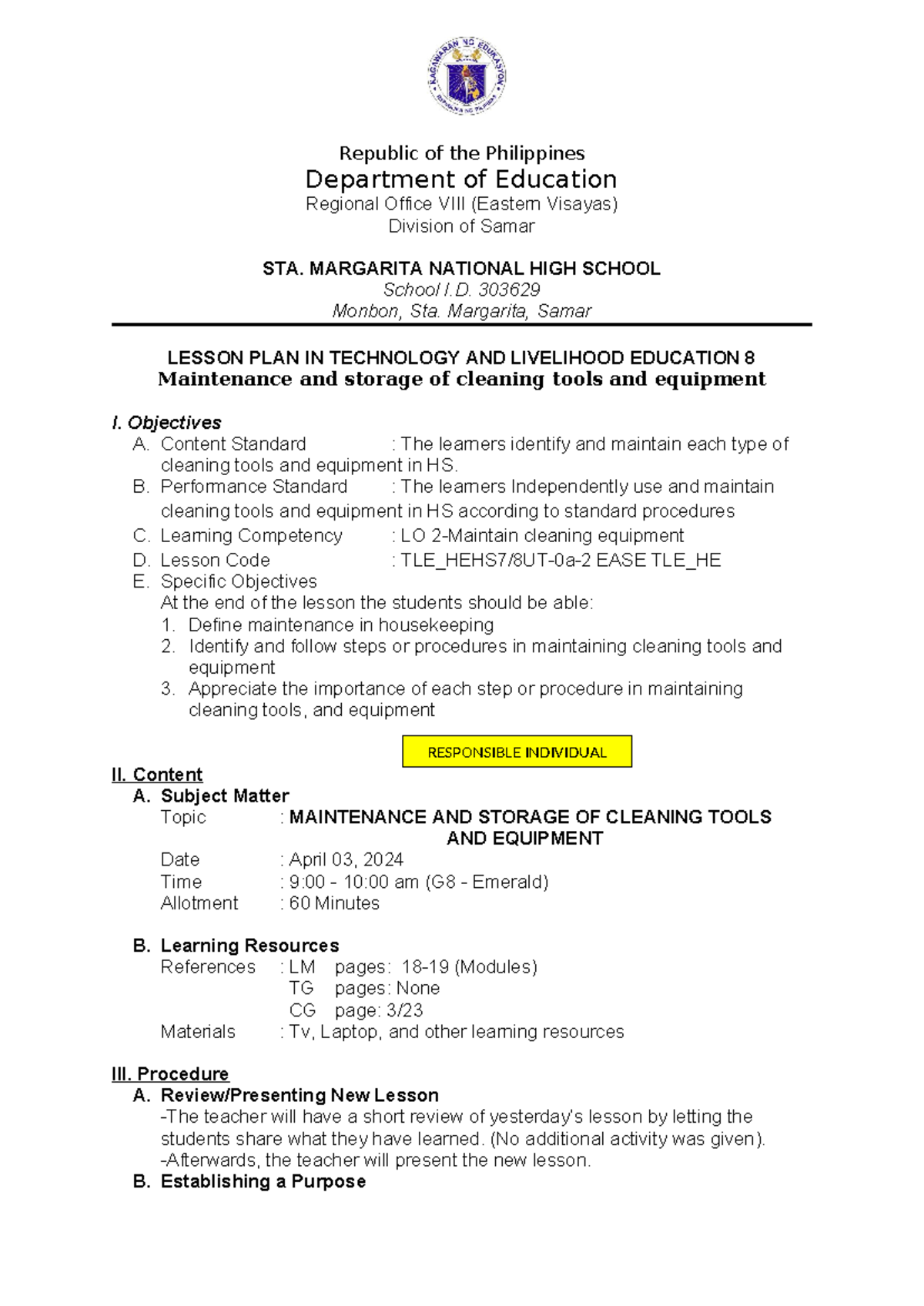 Maintenance AND Storage OF Cleaning Tools AND Equipment Q3 Republic