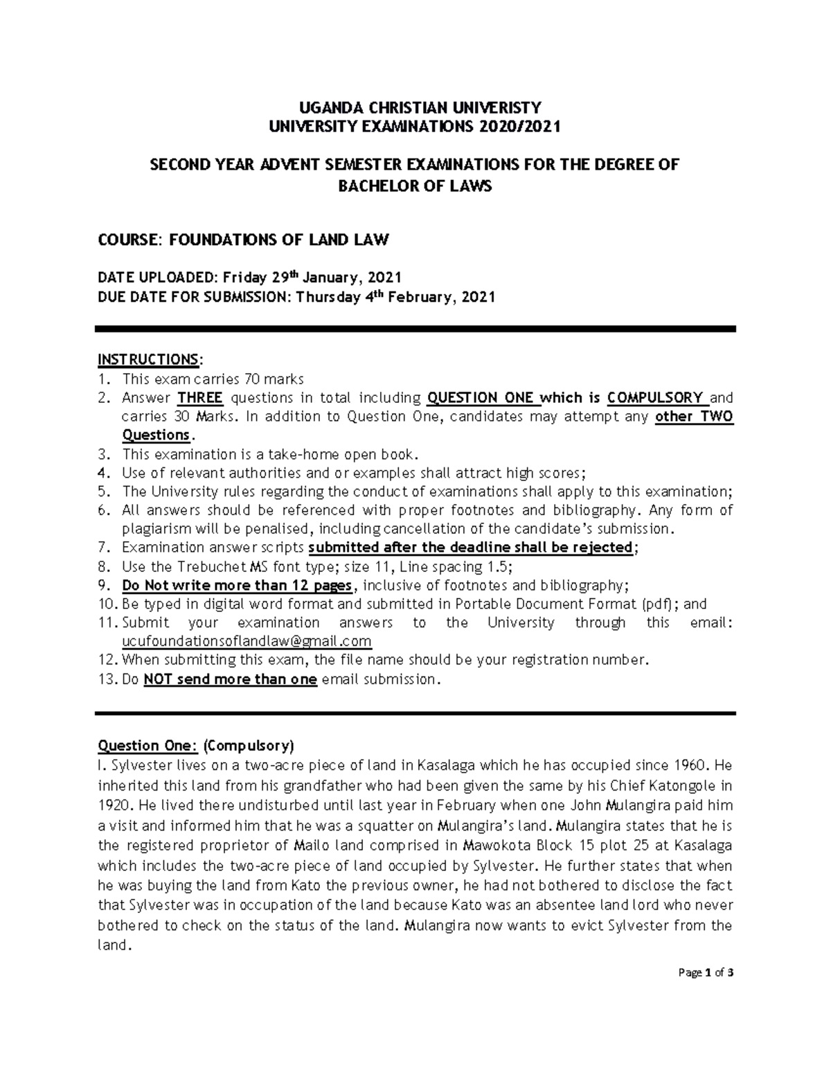 LLB 2 Foundations OF LAND LAW EXAM 2021 Page 1 of 3 UGANDA CHRISTIAN UNIVERISTY UNIVERSITY