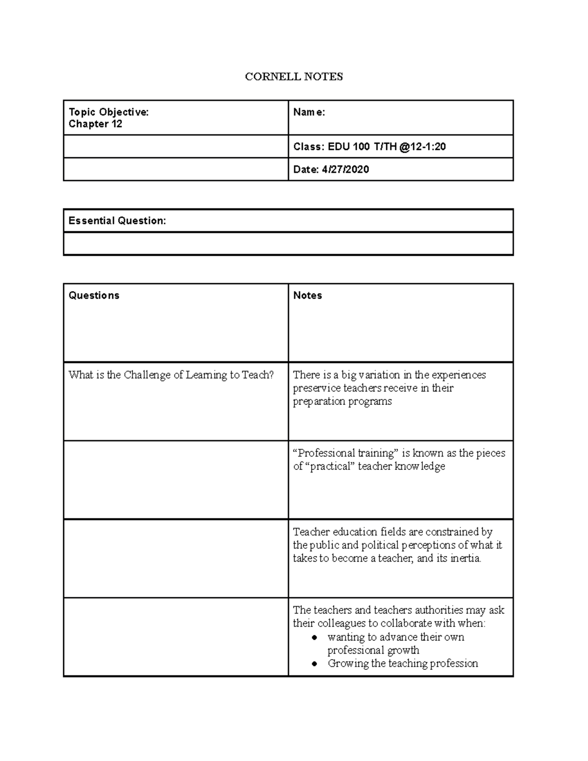 Chapter 12 CN - Dr. Pabon - CORNELL NOTES Topic Objective: Chapter 12 ...