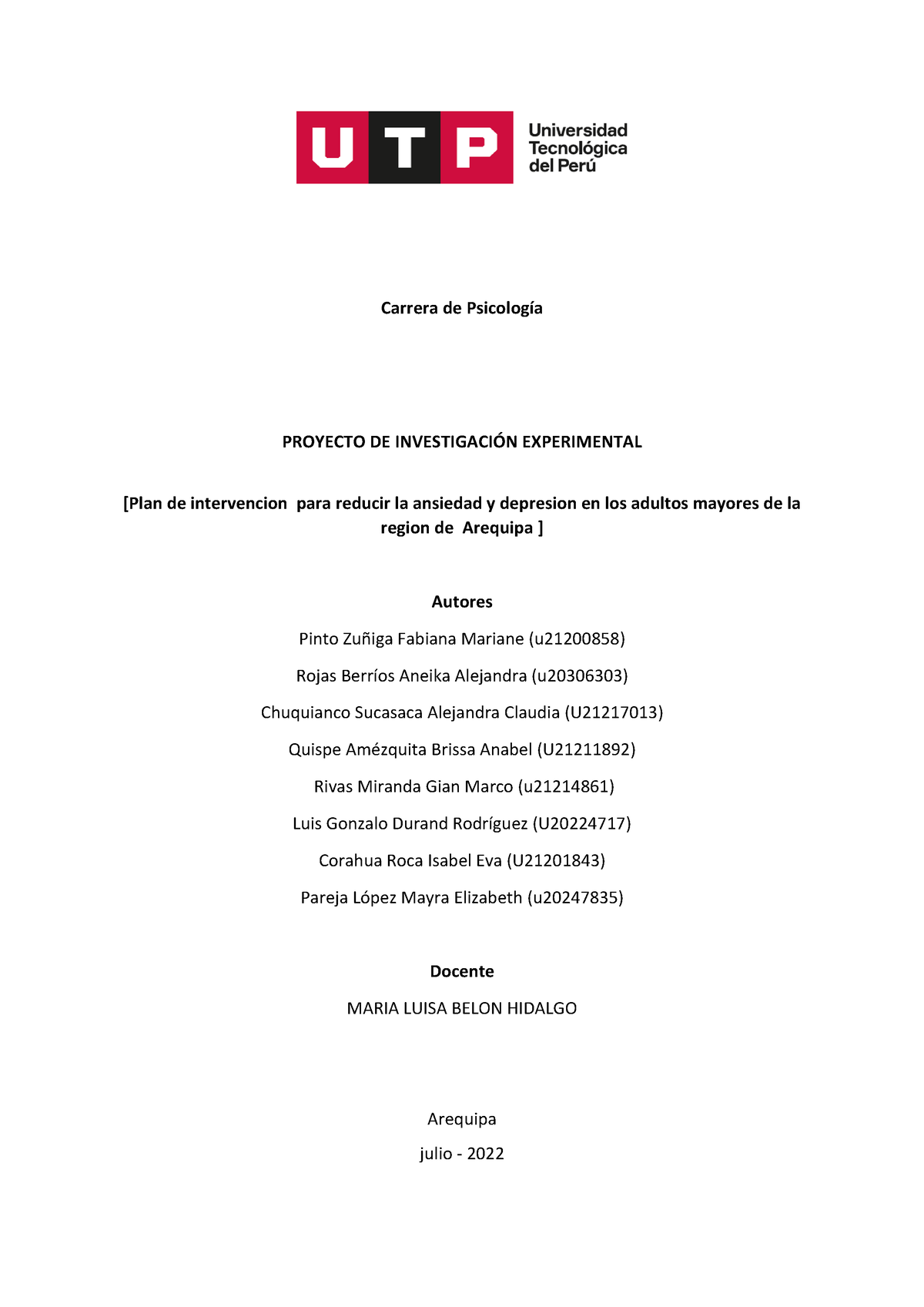 Proyecto De Investigaci N Experimental Carrera De Psicolog A Proyecto De Investigacin Studocu