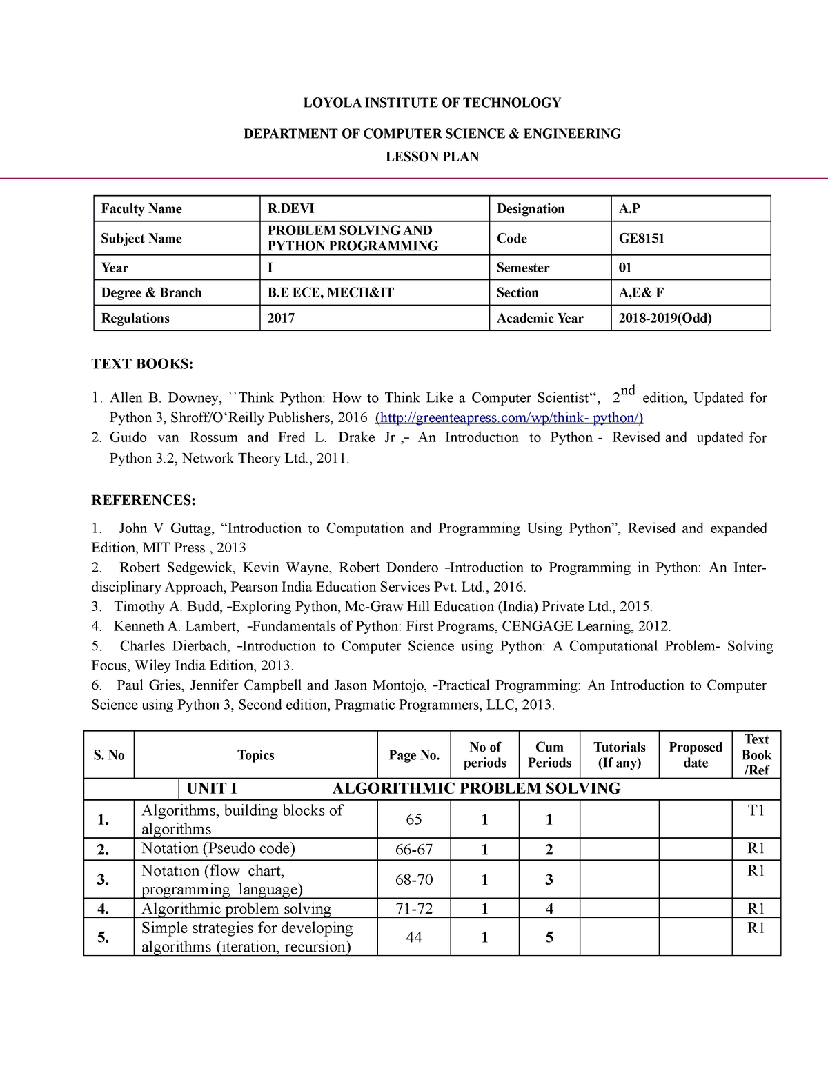 Python Lesson PLAN NEW - LOYOLA INSTITUTE OF TECHNOLOGY DEPARTMENT OF ...