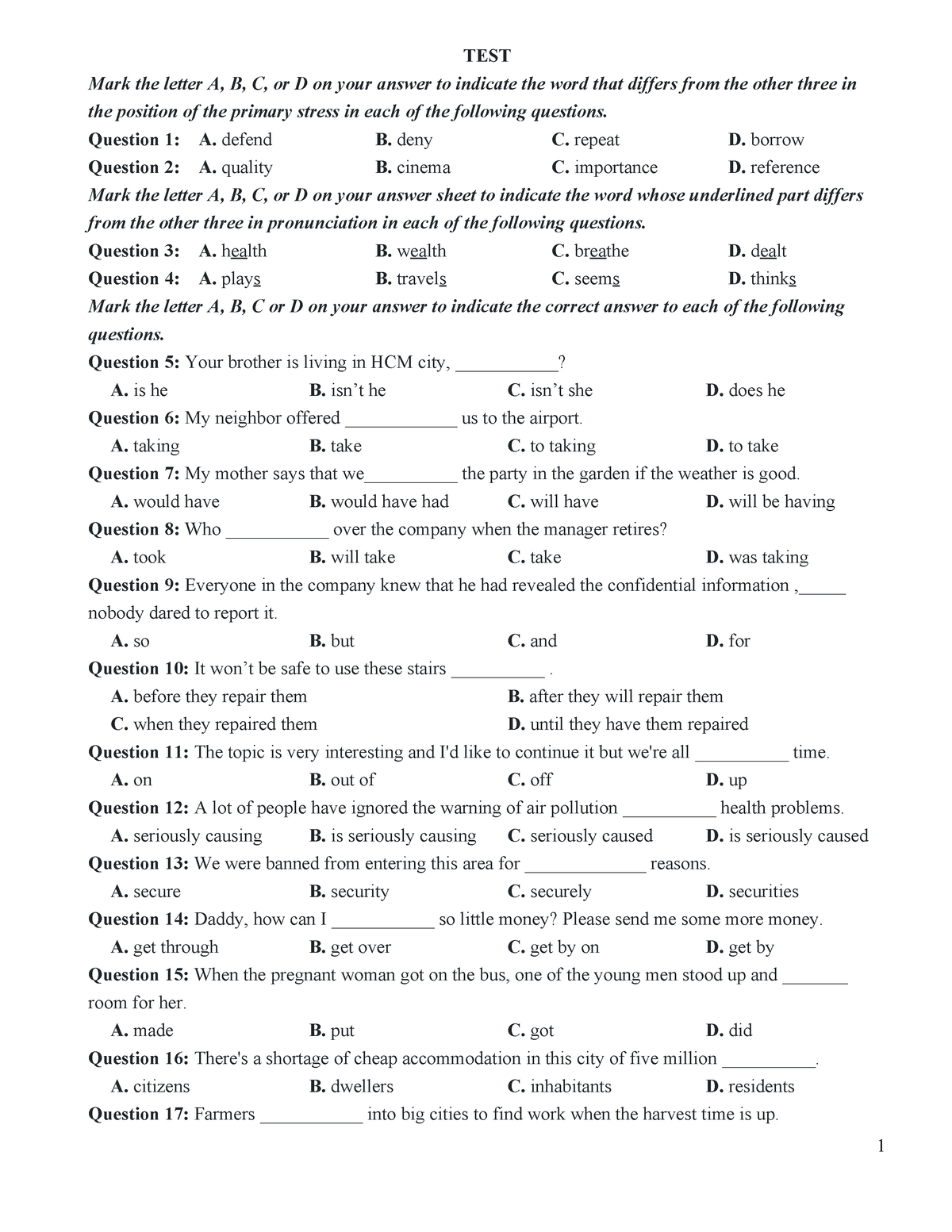 Đề MINH HỌA - Test - TEST Mark The Letter A, B, C, Or D On Your Answer ...