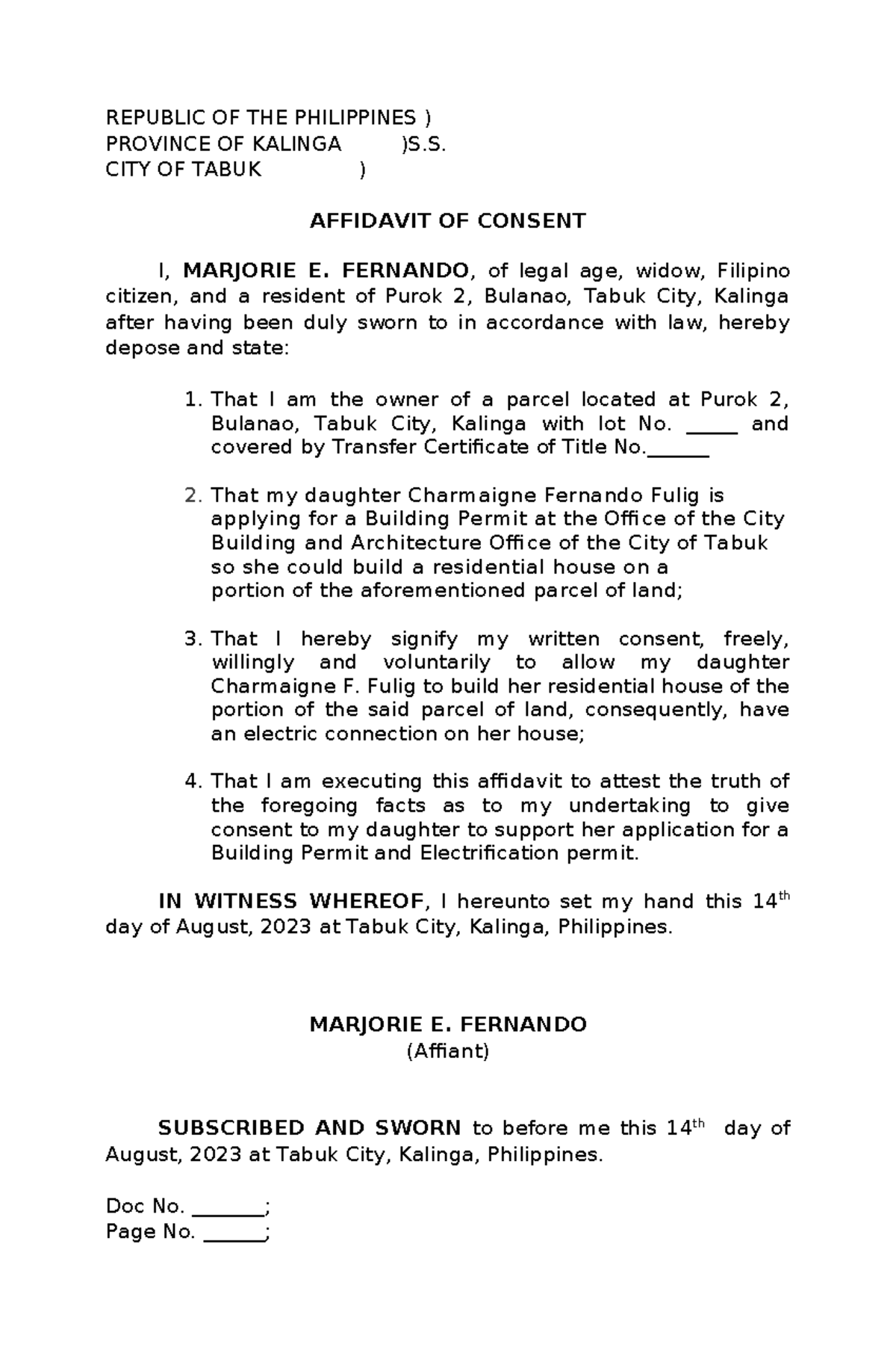 Affidavit of consent CBAO- fernando - REPUBLIC OF THE PHILIPPINES ...