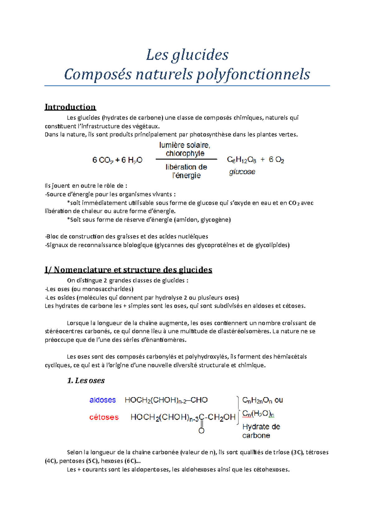 Chapitre Vii Les Glucides Les Glucides Compos S Naturels