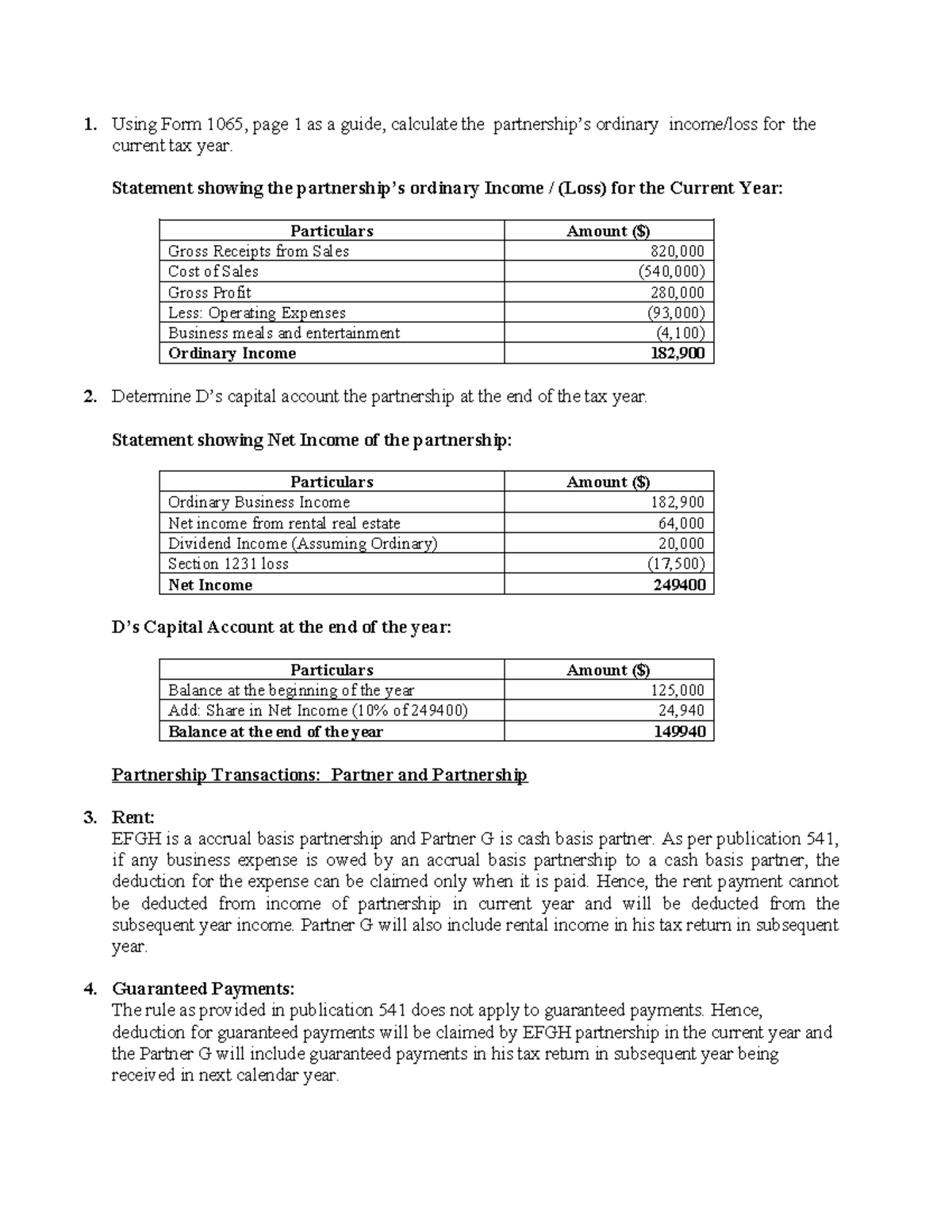 Partnership Income - 1. Using Form 1065, page 1 as a guide, calculate ...