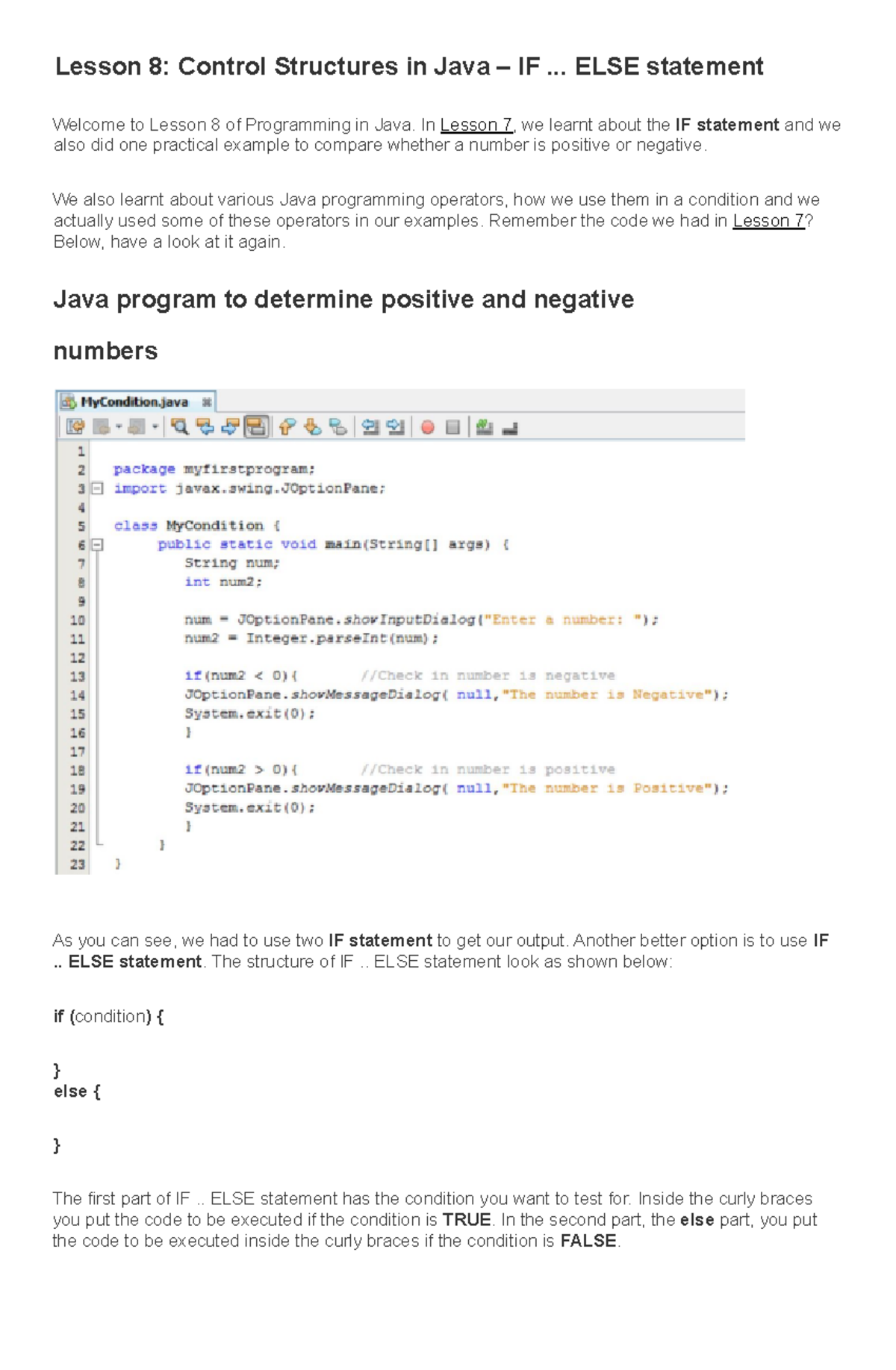 Lesson 8 IF ELSE Statement - Lesson 8: Control Structures In Java – IF ...