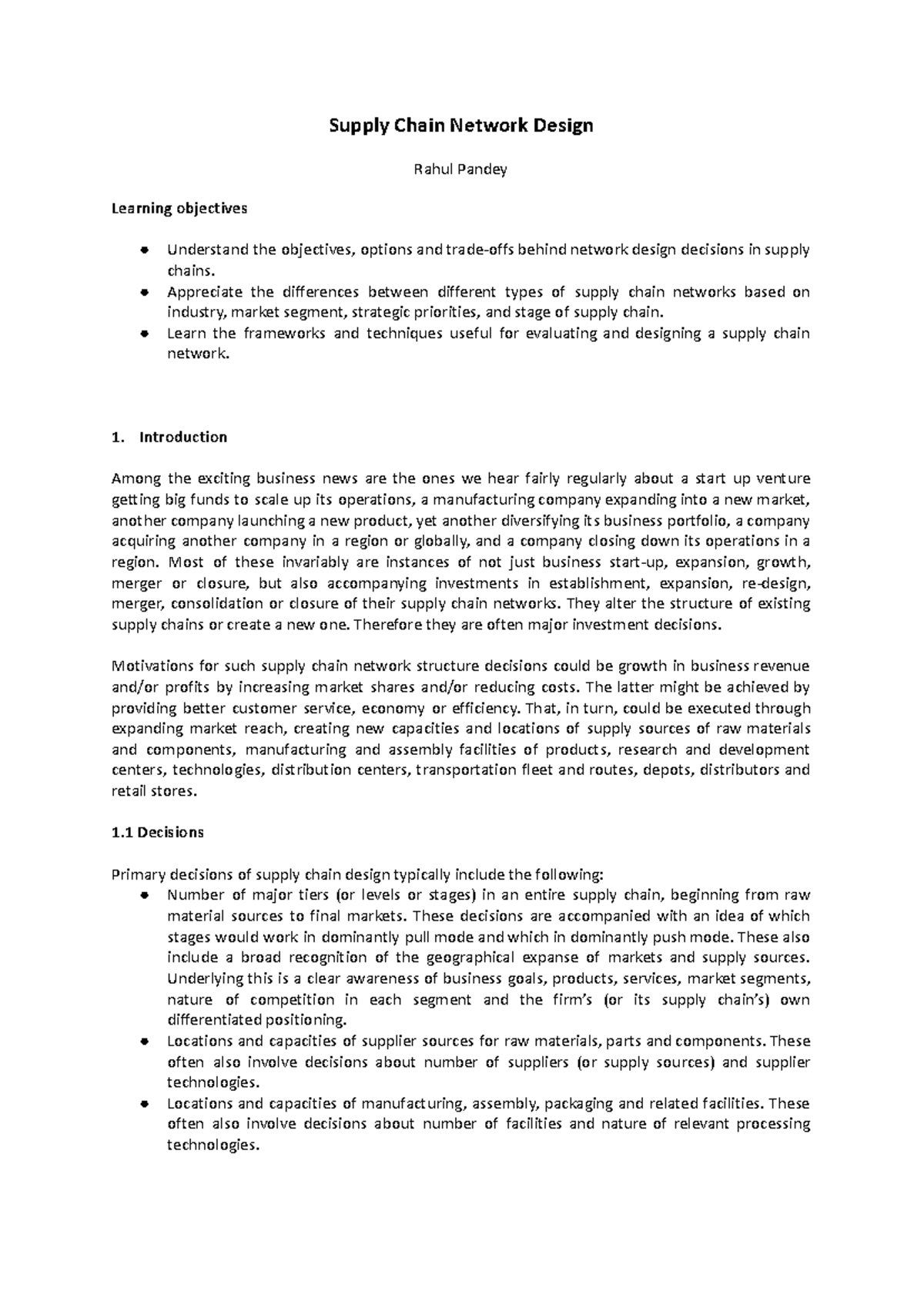 Networh notes afdf supply chain network design rahul pandey