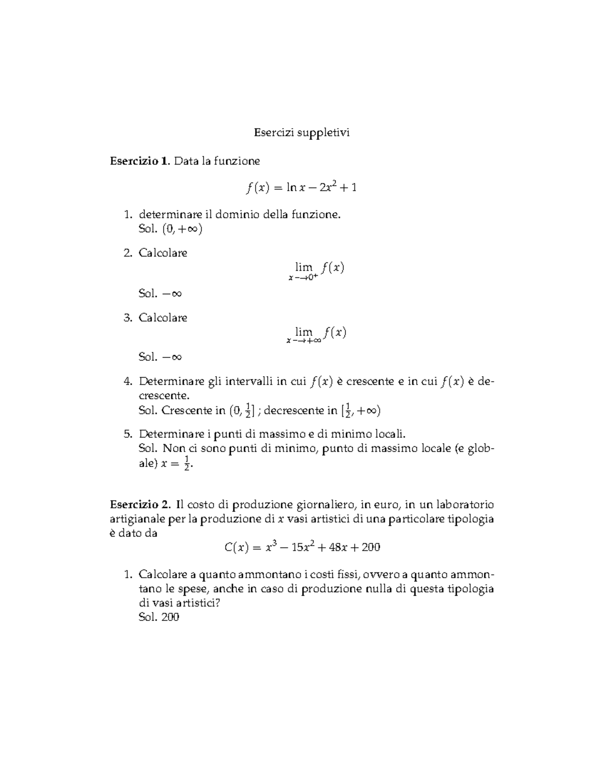 Esercizi Per Prepararsi All'esame Di Matematica Per L'arte E L'economia ...