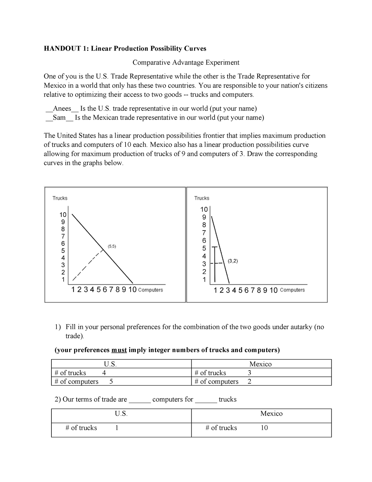 ECON Handout Classroom - HANDOUT 1: Linear Production Possibility ...