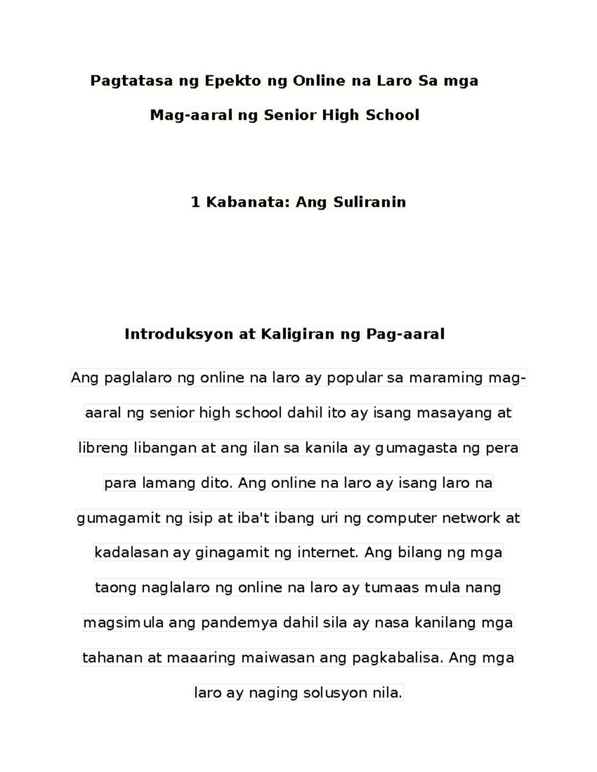 Pagtatasa ng Epekto ng Online na Laro Sa mga Mag aaral ng senior high ...