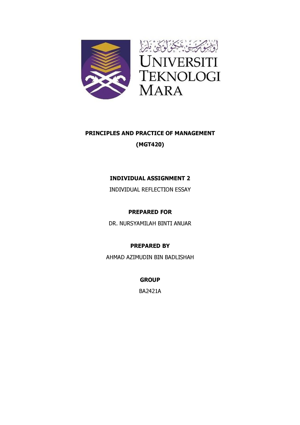 MGT420- Individual Assignment 2- Ahmad Azimudin - PRINCIPLES AND ...