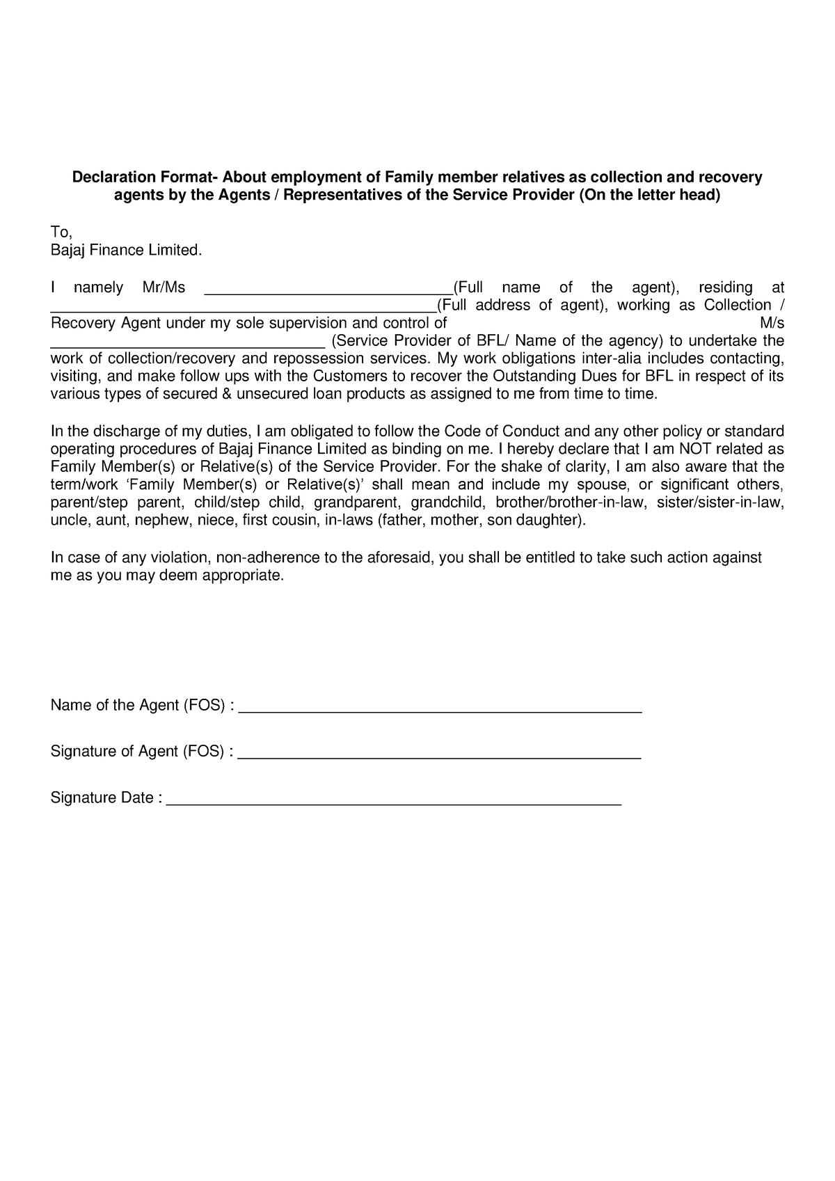 Relationship Declaration Format - Declaration Format- About employment ...