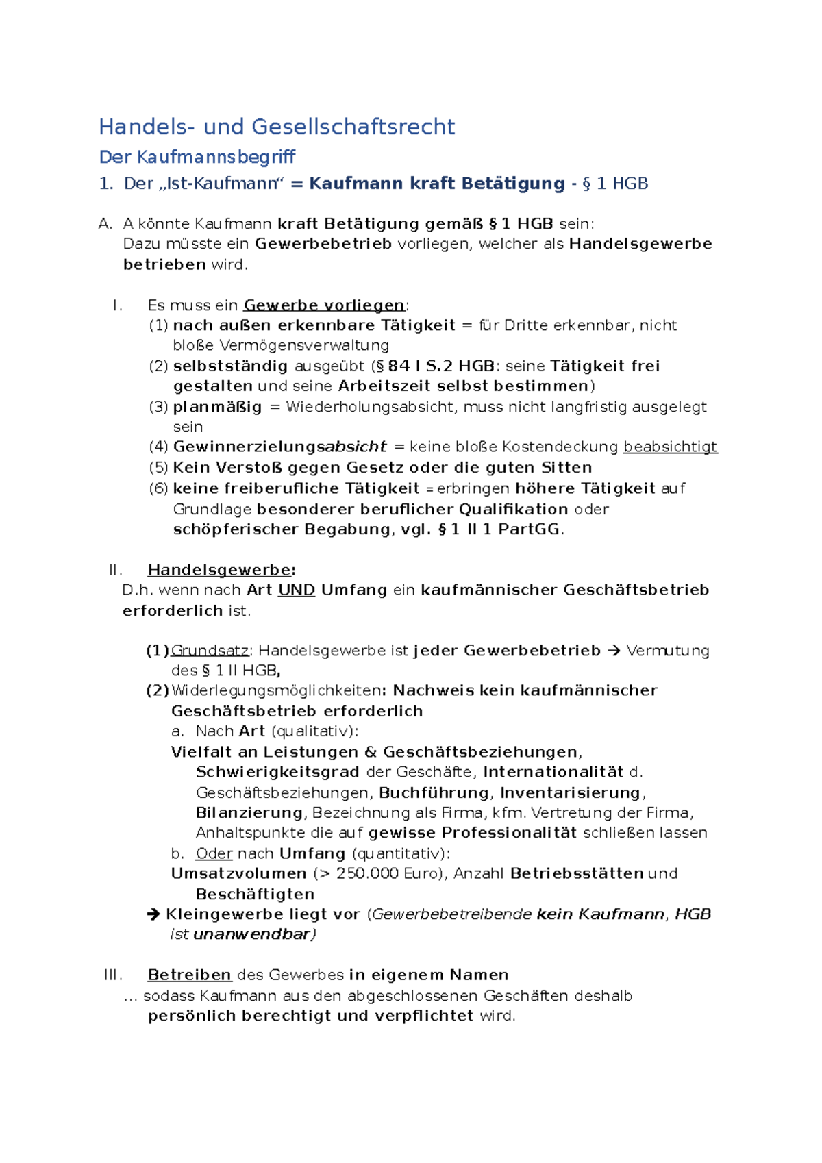 Skript Handels Und Gesellschaftsrecht Handels- & Gesellschaftsrecht - Handels- und Gesellschaftsrecht Der