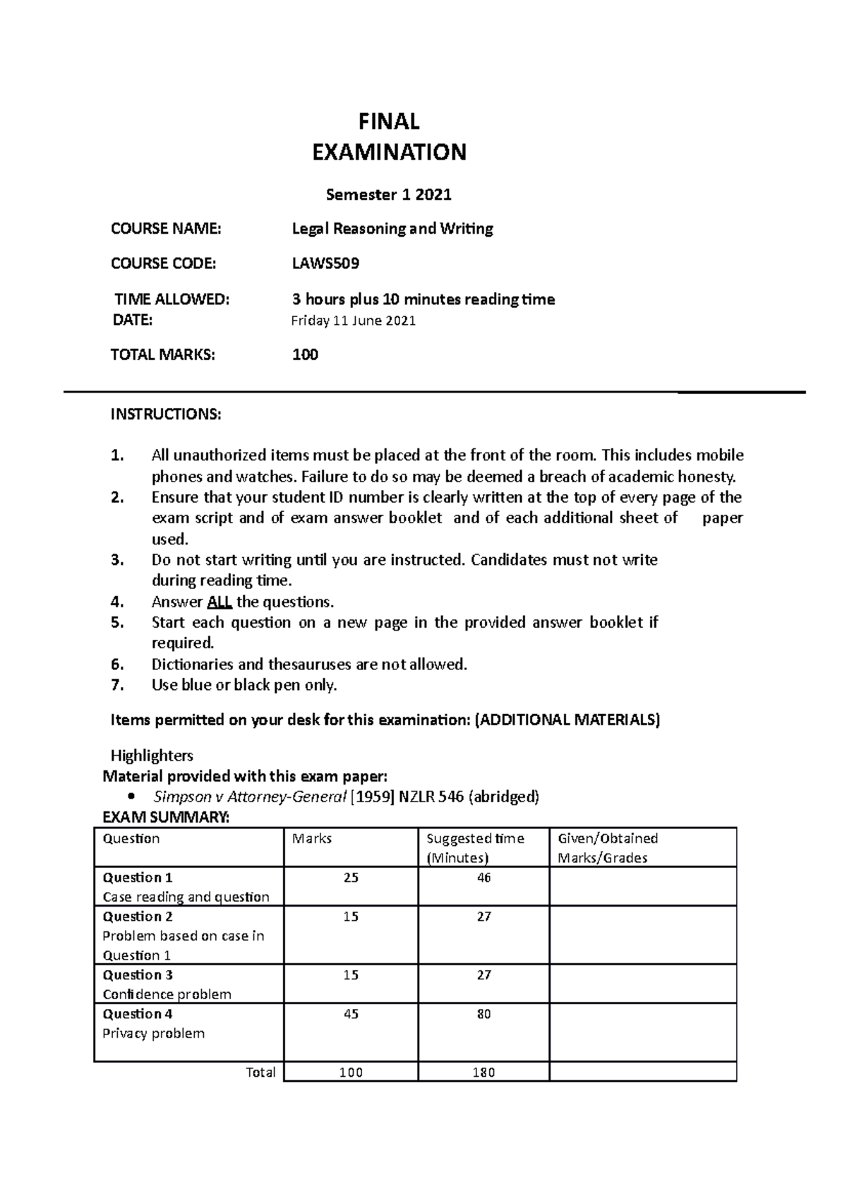 laws 509 Front page assessment for exam FINAL EXAMINATION Semester