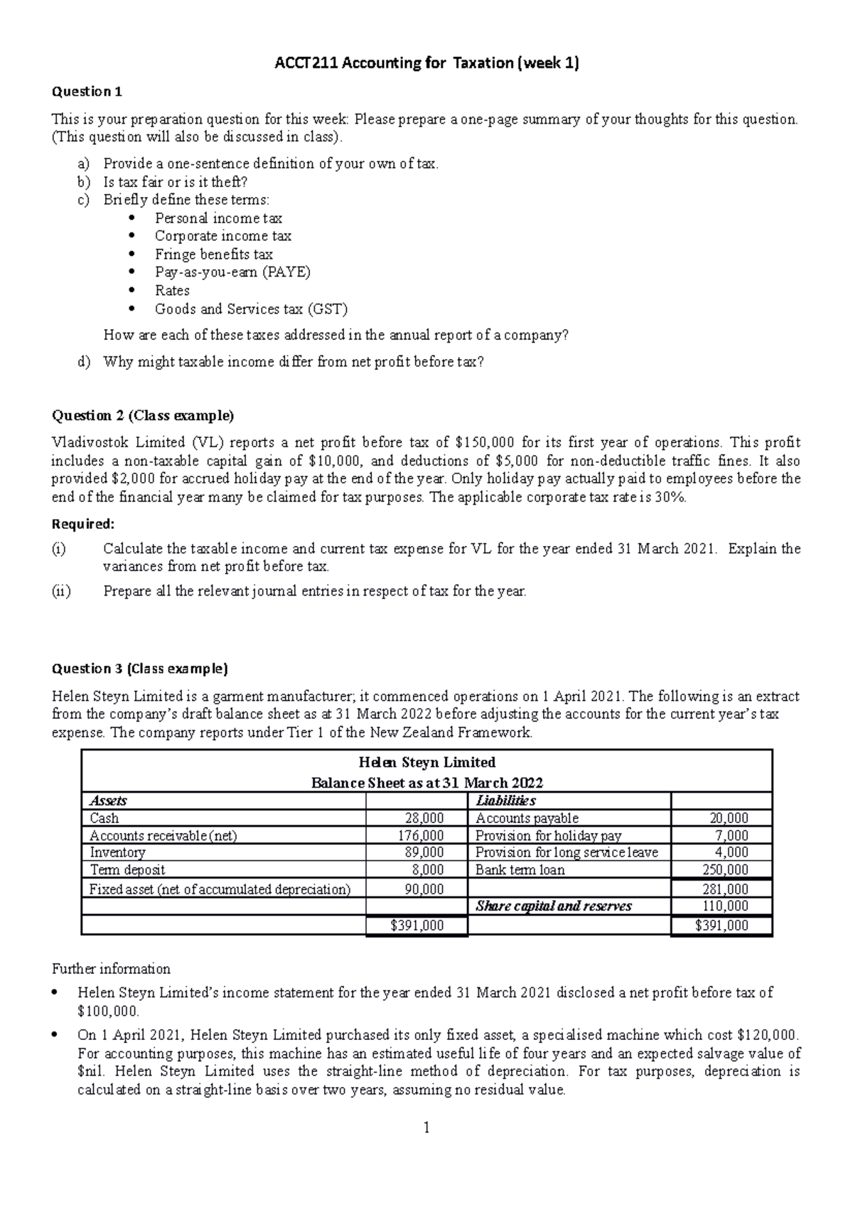 ACCT211 Tax Tut 1 Questions - ACCT211 Accounting for Taxation (week 1 ...