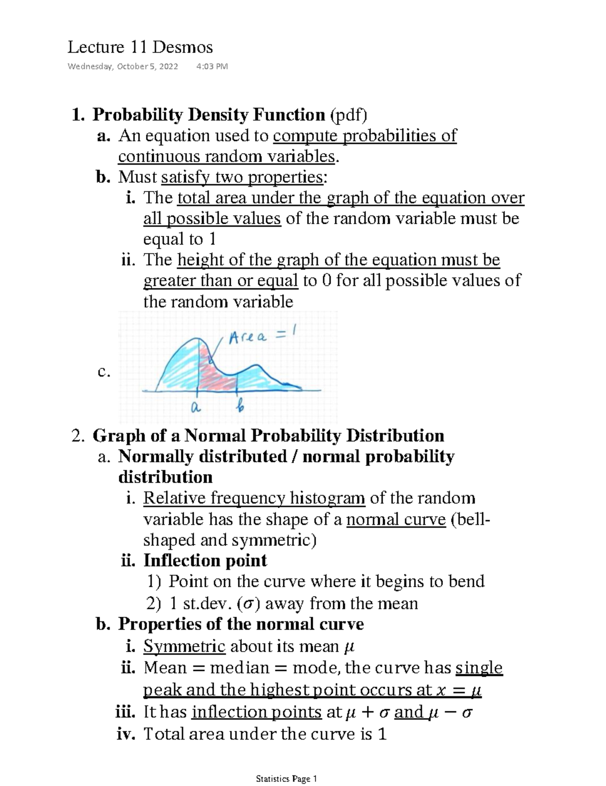 Lecture 11 Desmos Probability Density Function (pdf) An equation used