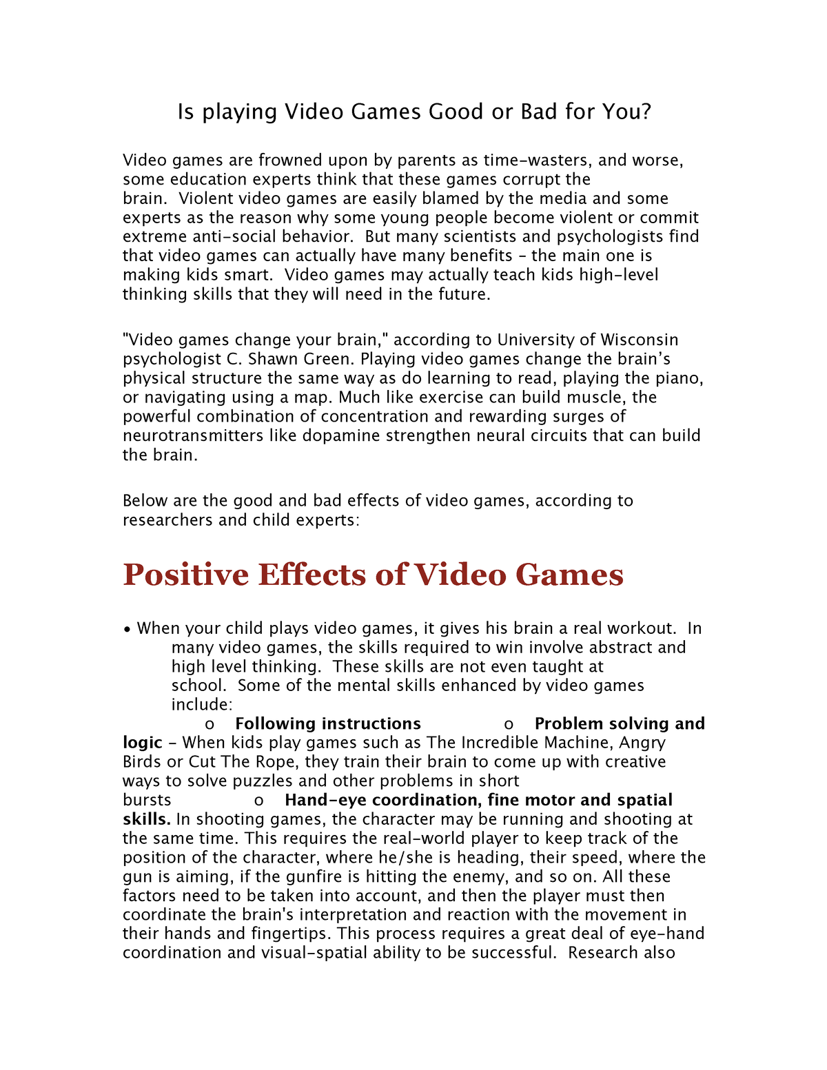are video games good or bad for you essay