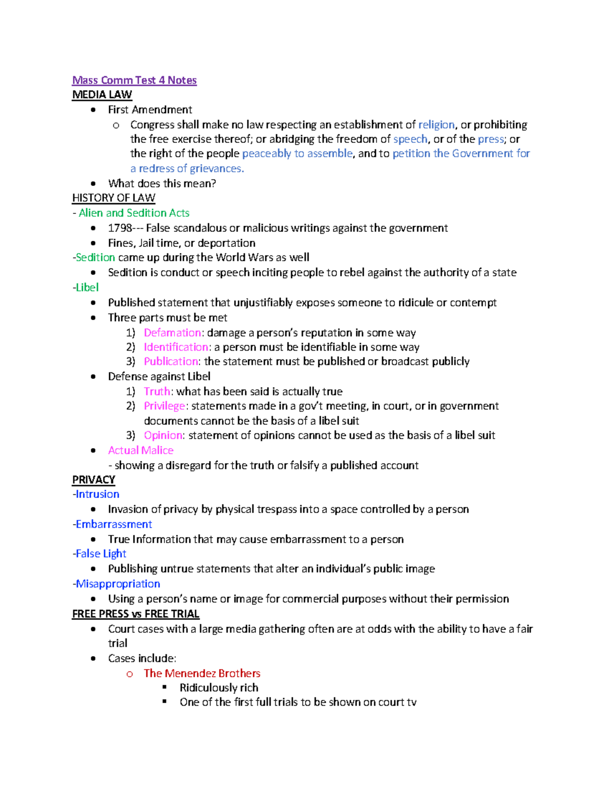 Mass Comm Test 4 Notes - Mass Comm Test 4 Notes MEDIA LAW First ...