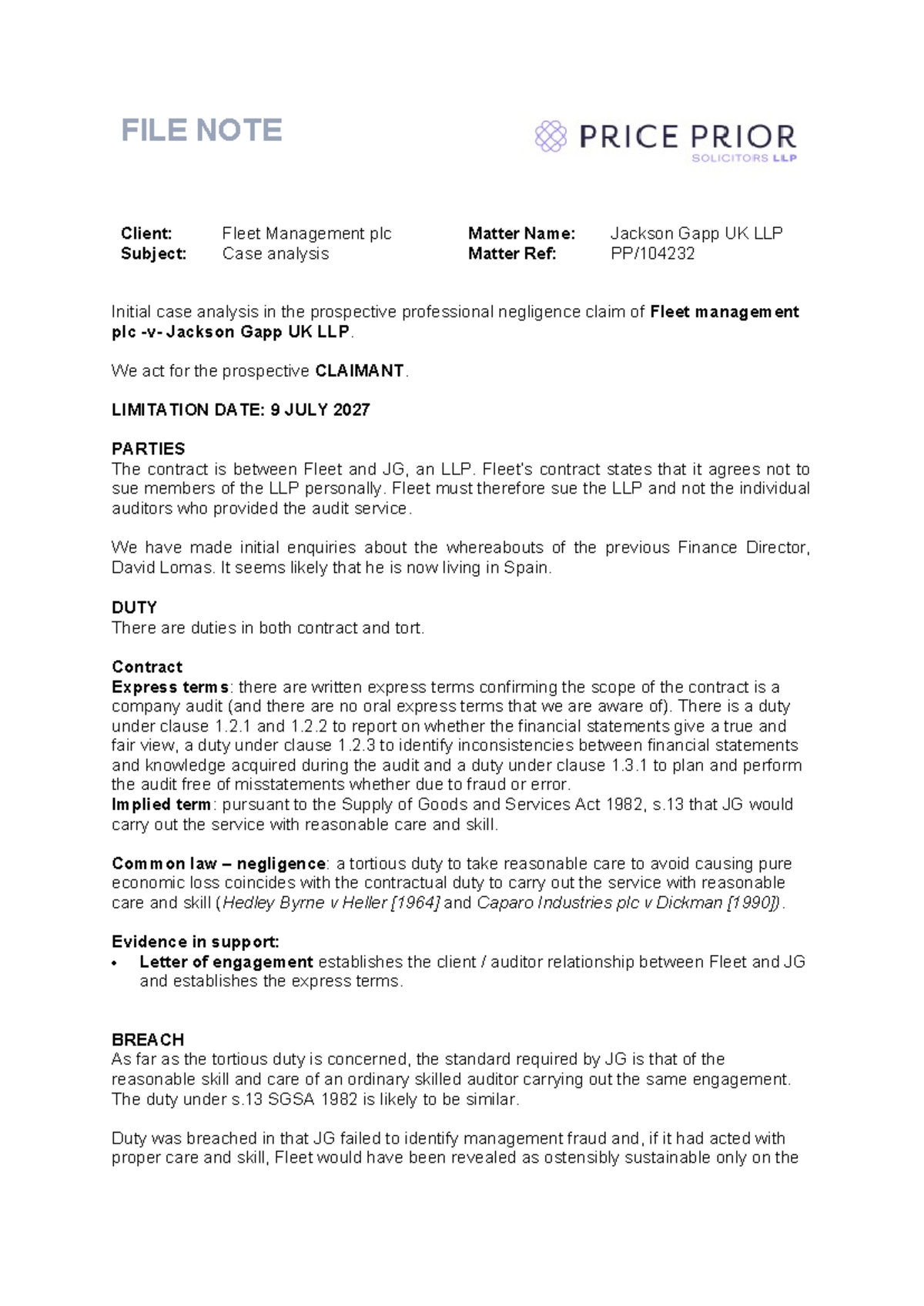 File note - case analysis - FILE NOTE Client: Fleet Management plc ...