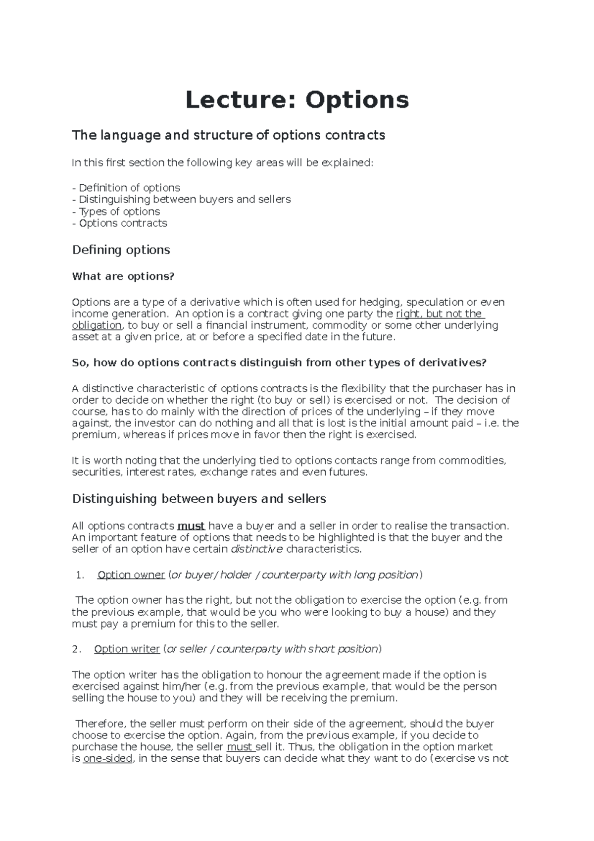 Wk 9 options - Lecture notes 4-9 - Lecture: Options The language and ...