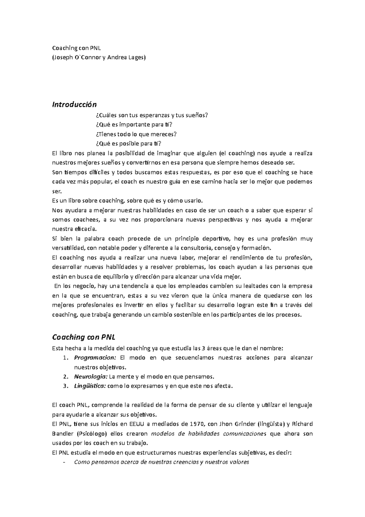 Resumen Coaching Con Pnl Cap 1 5 Desarrollo Organizacional Studocu
