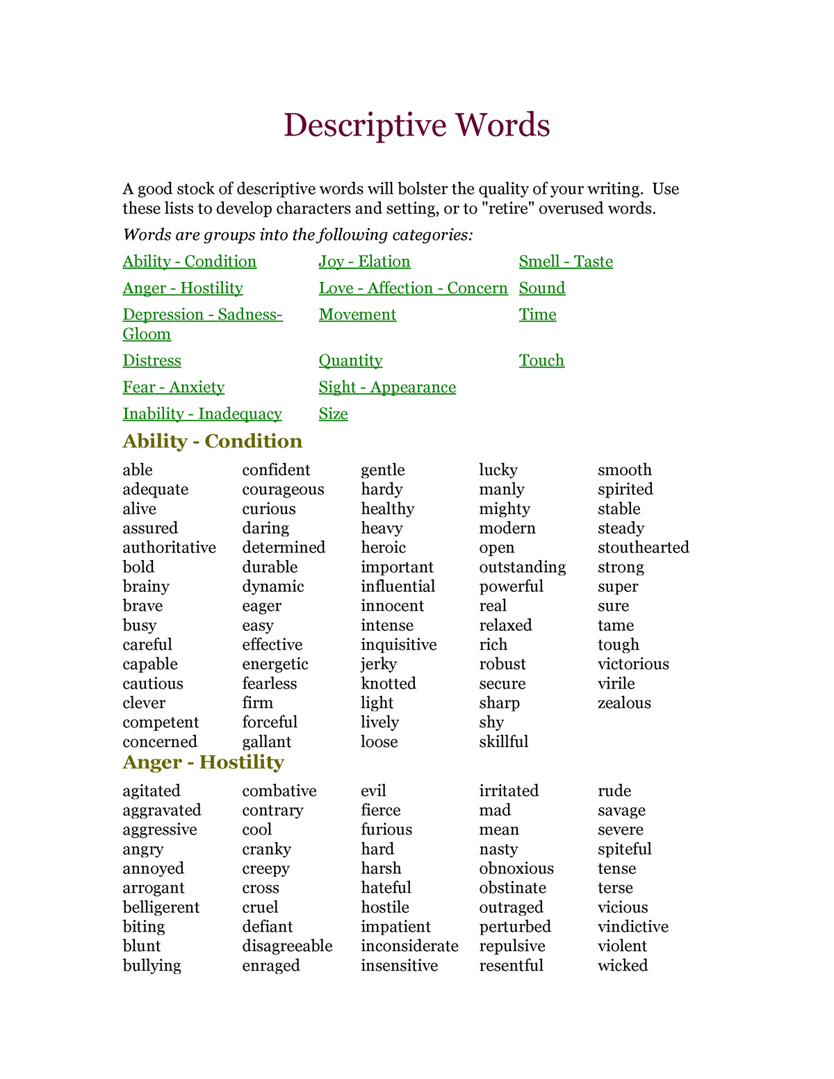 Descriptive Words - Use these lists to develop characters and setting ...