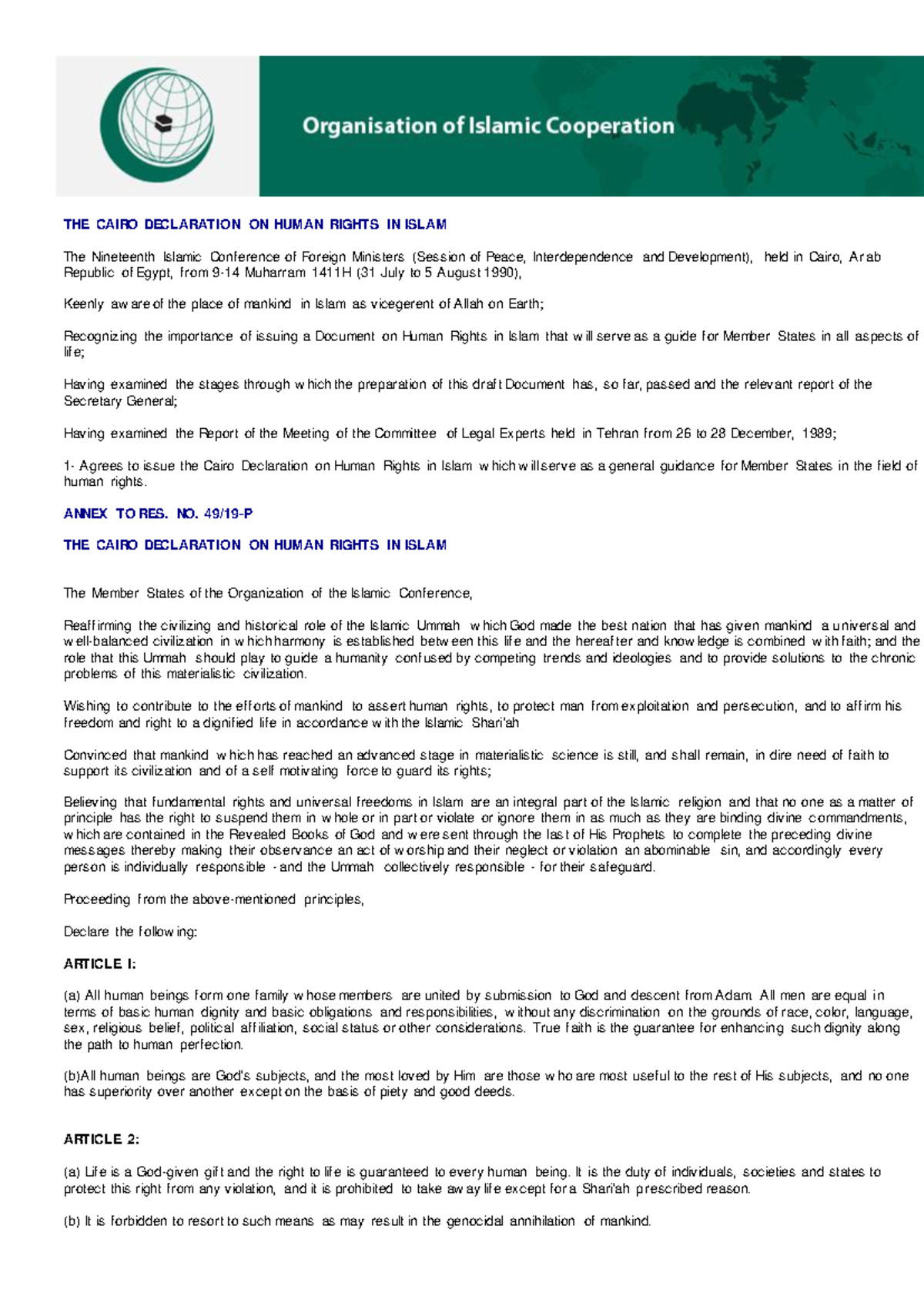 Human Rights in Islam (1990) - THE CAIRO DECLARATION ON HUMAN RIGHTS IN ...