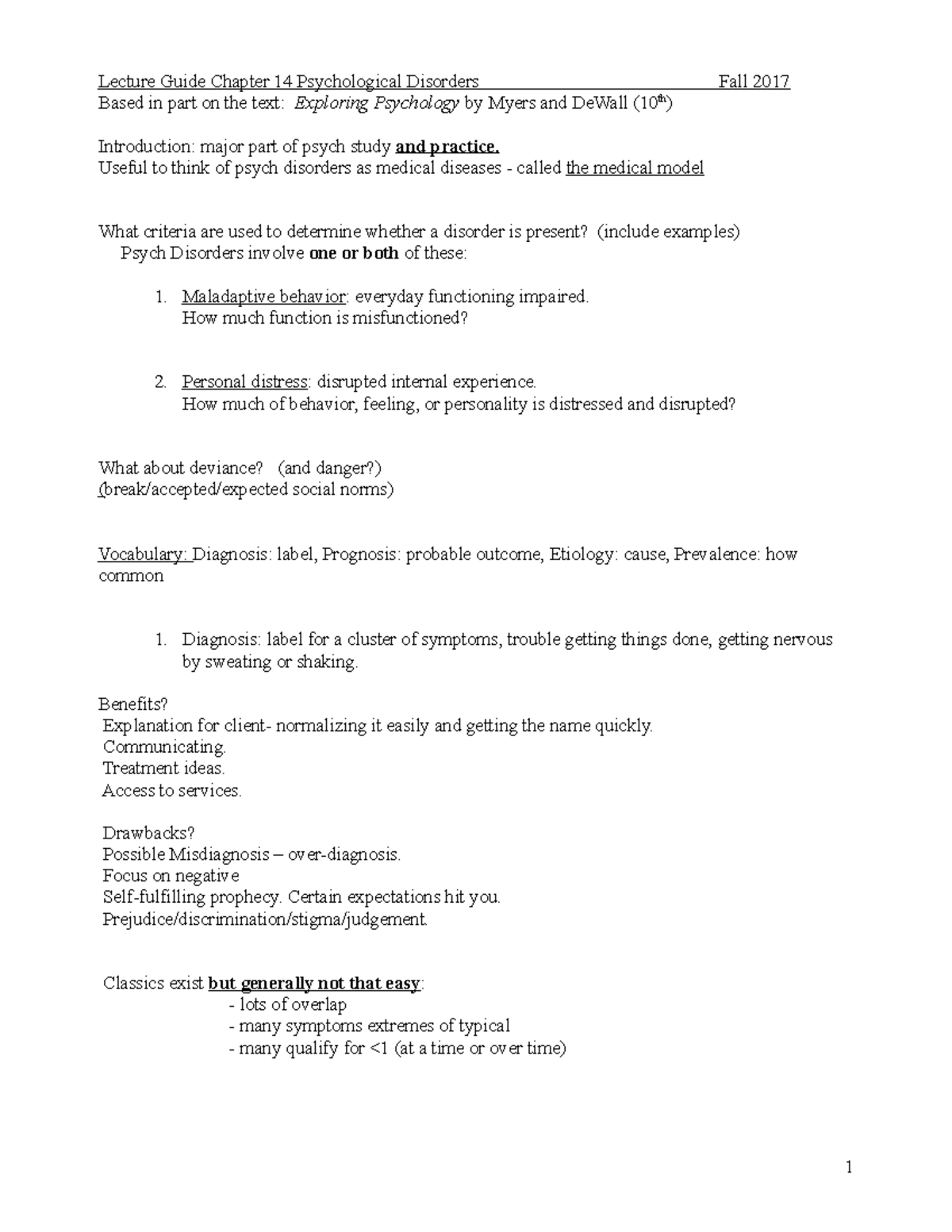 Chapter 14 Psychological Disorders - Lecture Guide Chapter 14 ...