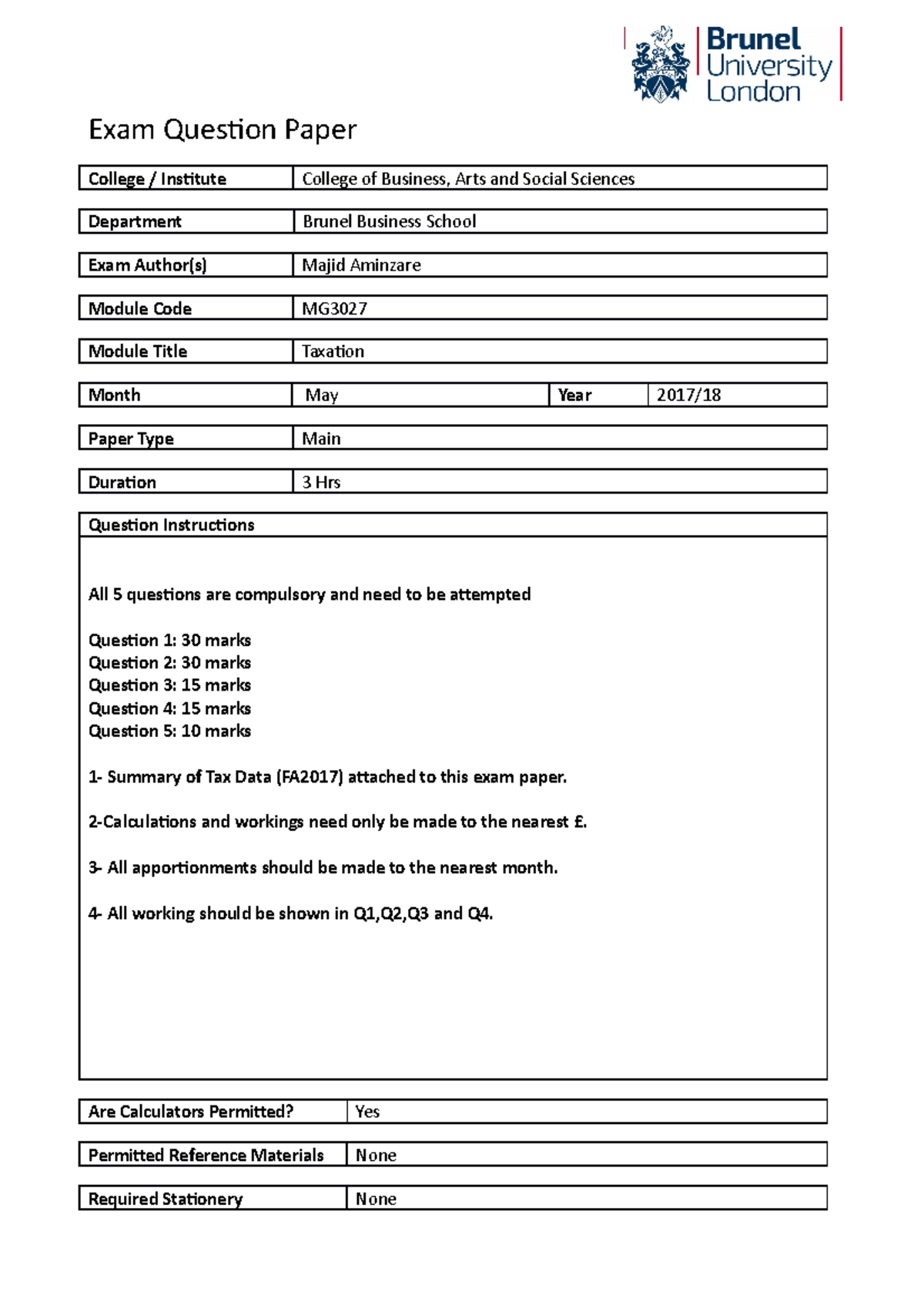 Exam Question Paper Template 2017-2018 - Exam Question Paper College ...