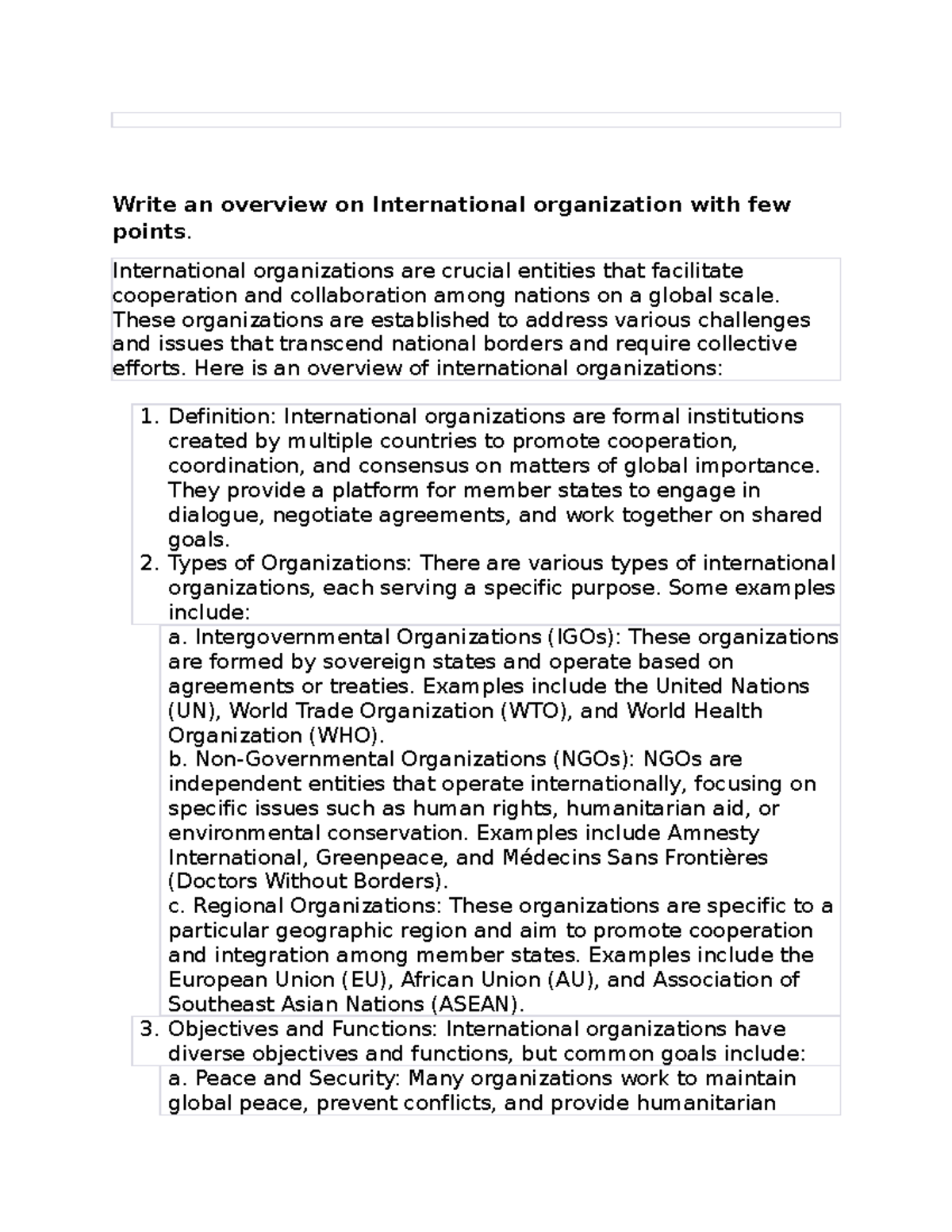 Int. organisations - Write an overview on International organization ...