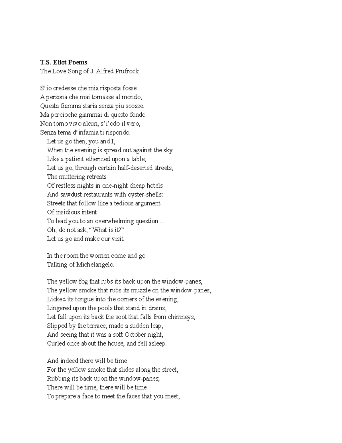 T.S. Eliot Group Annotation Project - T. Eliot Poems The Love Song of J ...