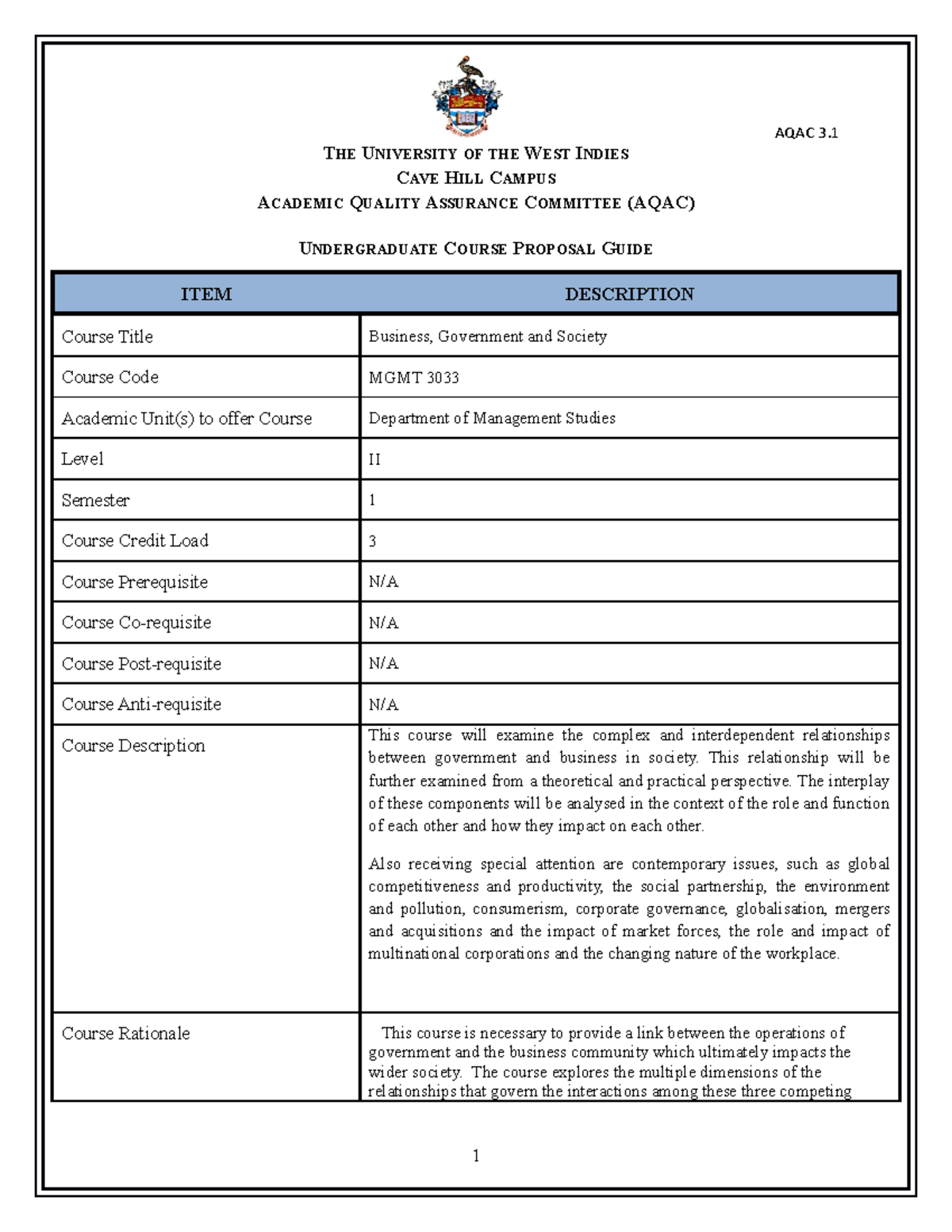 MGMT 3033 Course Outline 202223 THE UNIVERSITY OF THE WEST INDIES