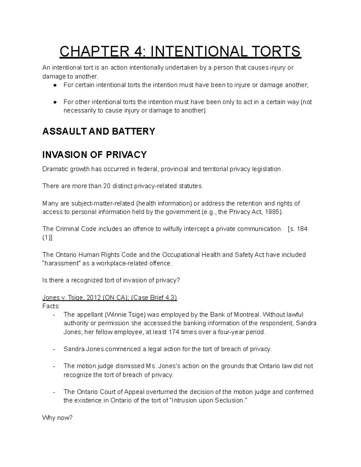 LAW 122 Chapter 4 Notes - CHAPTER 4: INTENTIONAL TORTS An intentional ...