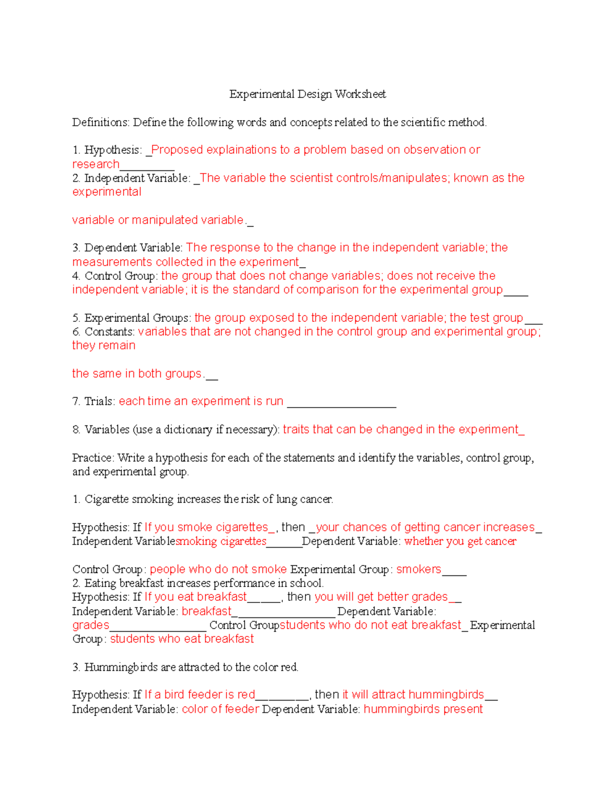 Experimental Design Worksheet - Experimental Design Worksheet Definitions:  Define the following - Studocu