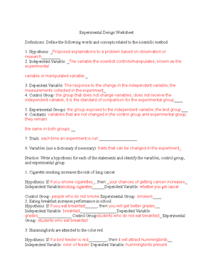 Experimental Design Worksheet - Experimental Design Worksheet Definitions:  Define the following - Studocu