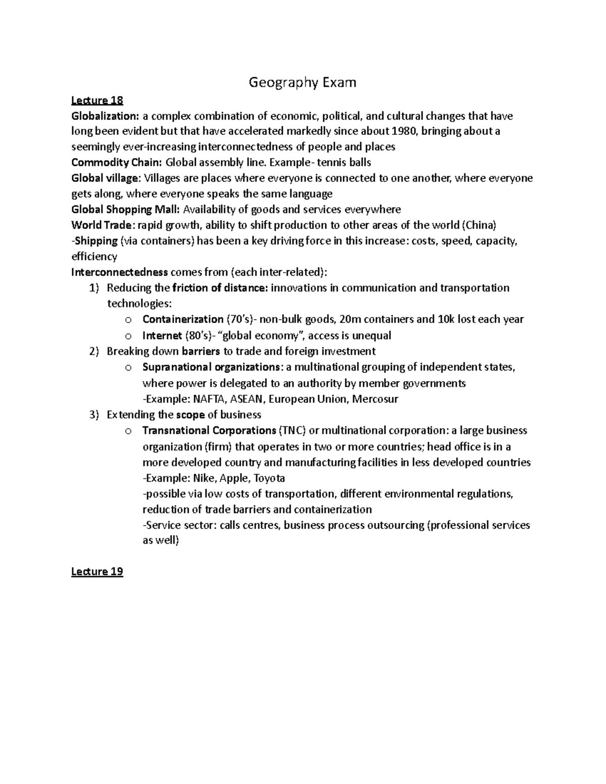 Geography Exam Exam Review Geography Exam Lecture 18 Globalization