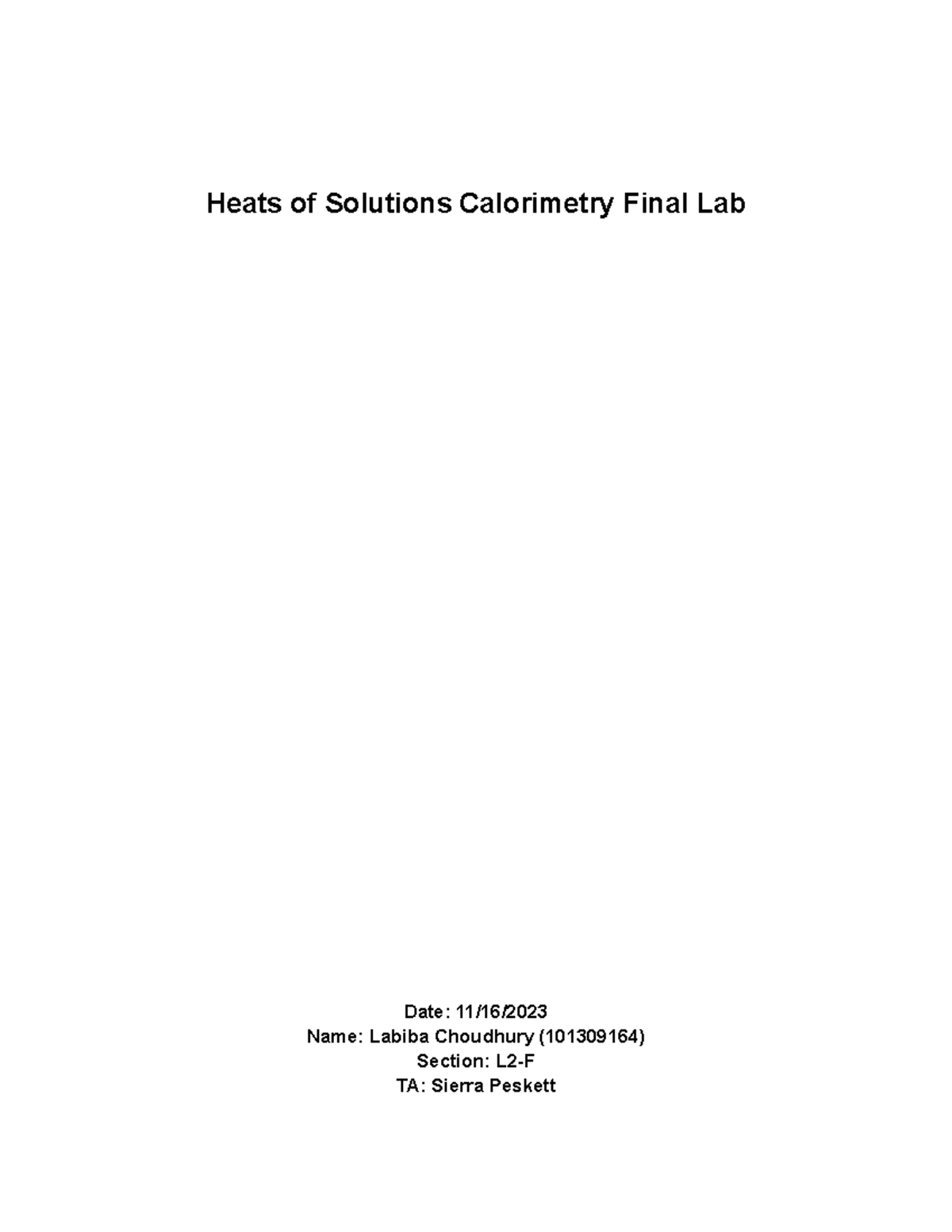 Heats of Solutions Calorimetry Final Lab Report - Heats of Solutions ...