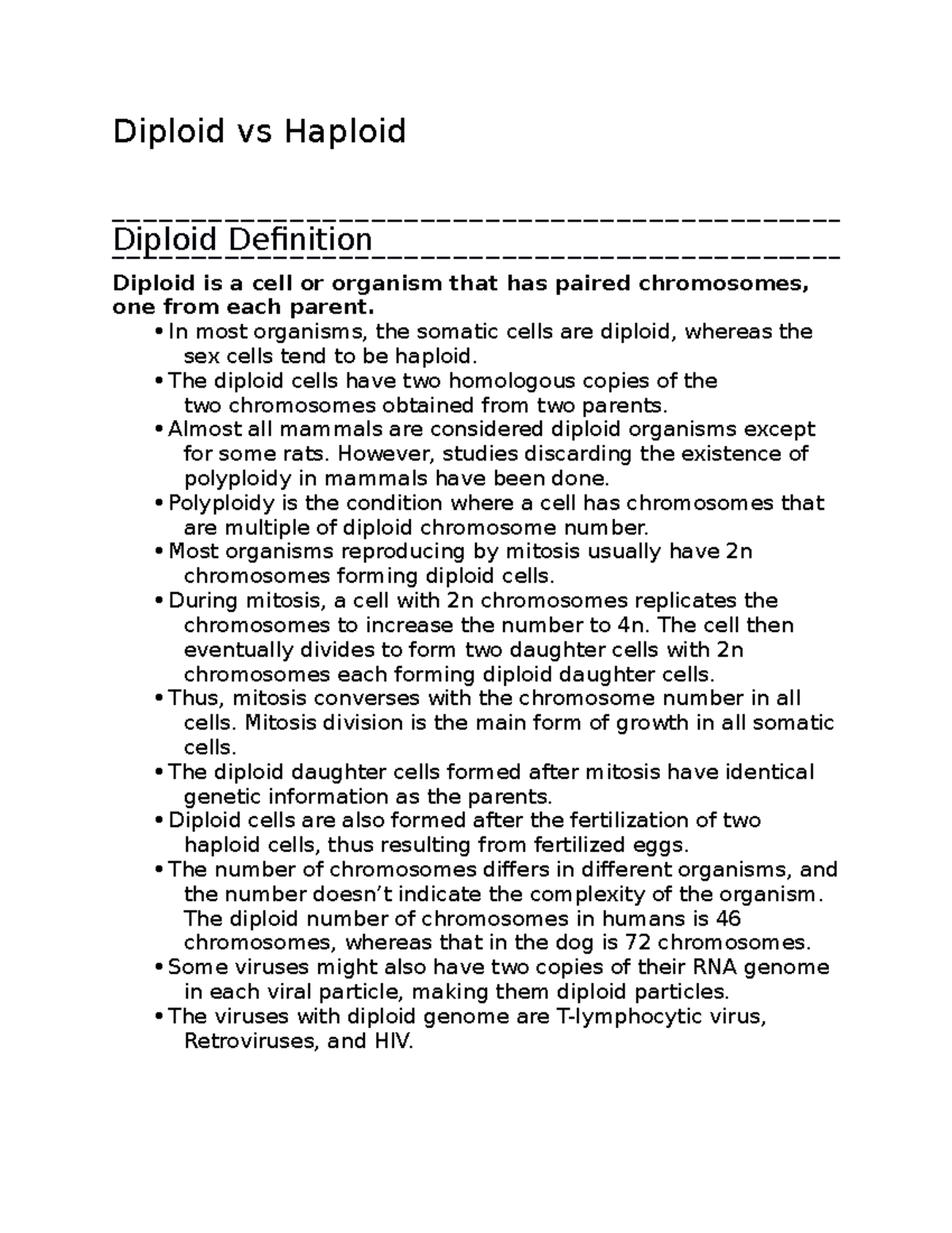 Diploid vs Haploid - notes - Diploid vs Haploid Diploid Definition ...