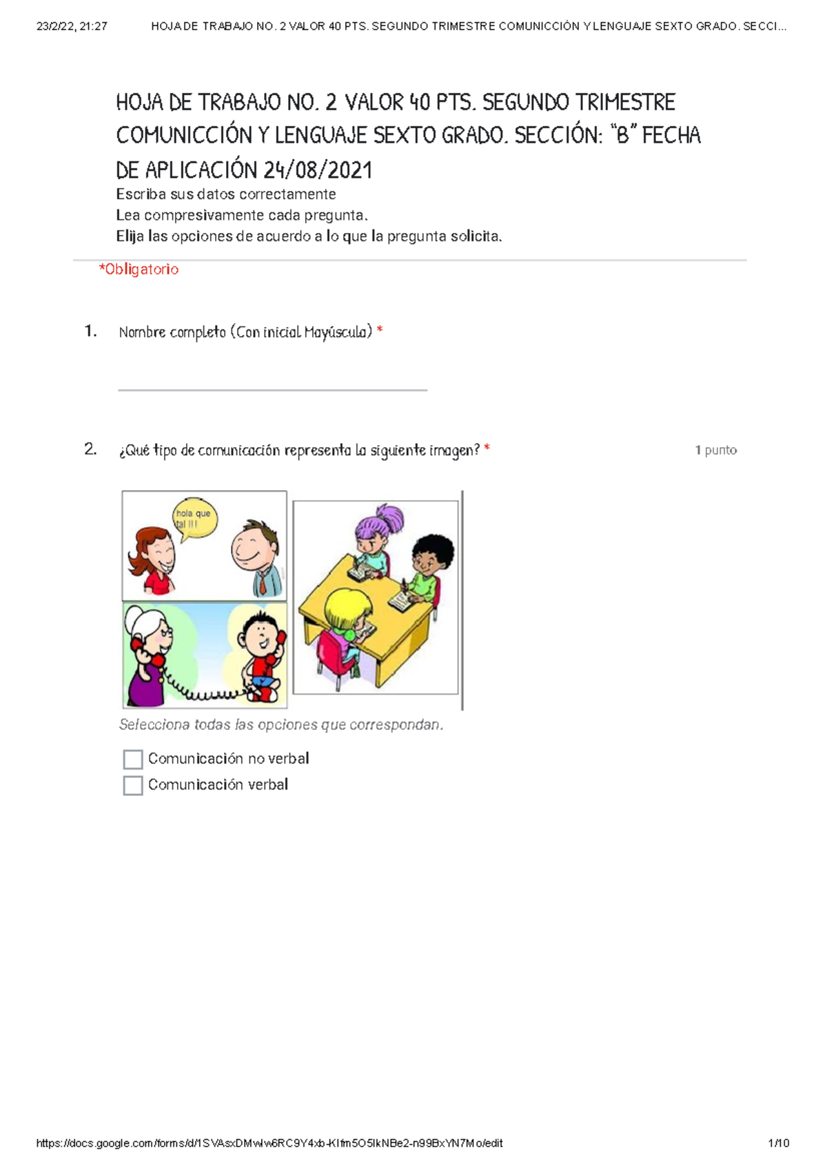 L1 II B - Formularios De Google - 1 Punto Selecciona Todas Las Opciones ...