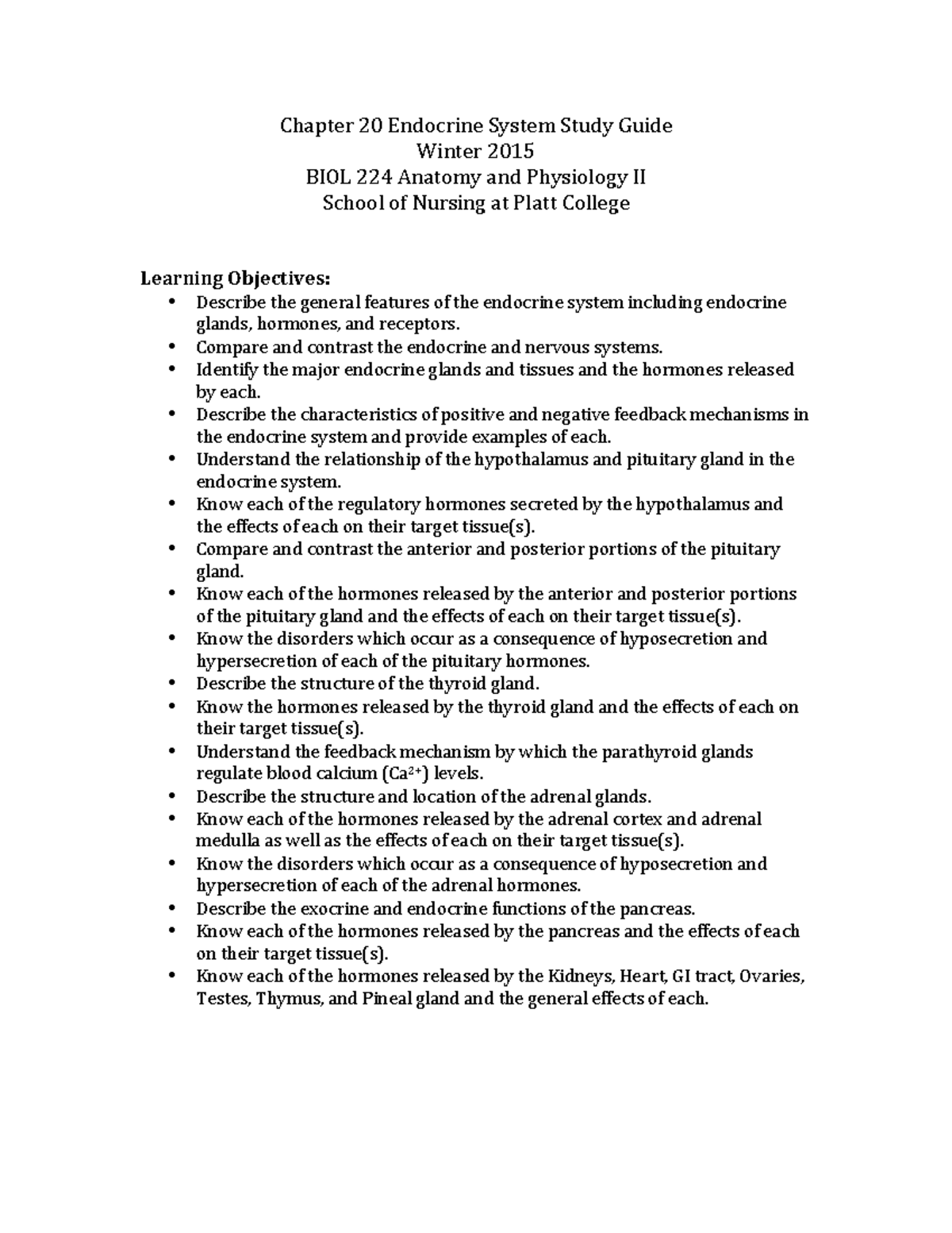 Chapter 20 Study Guide BIOL224 - Chapter 20 Endocrine System Study ...
